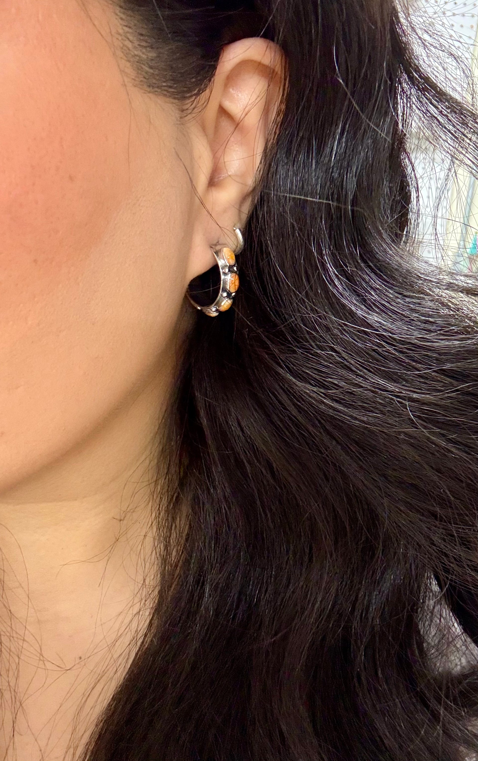 Southwest Handmade Spiny Oyster & Sterling Silver Hoop Earrings