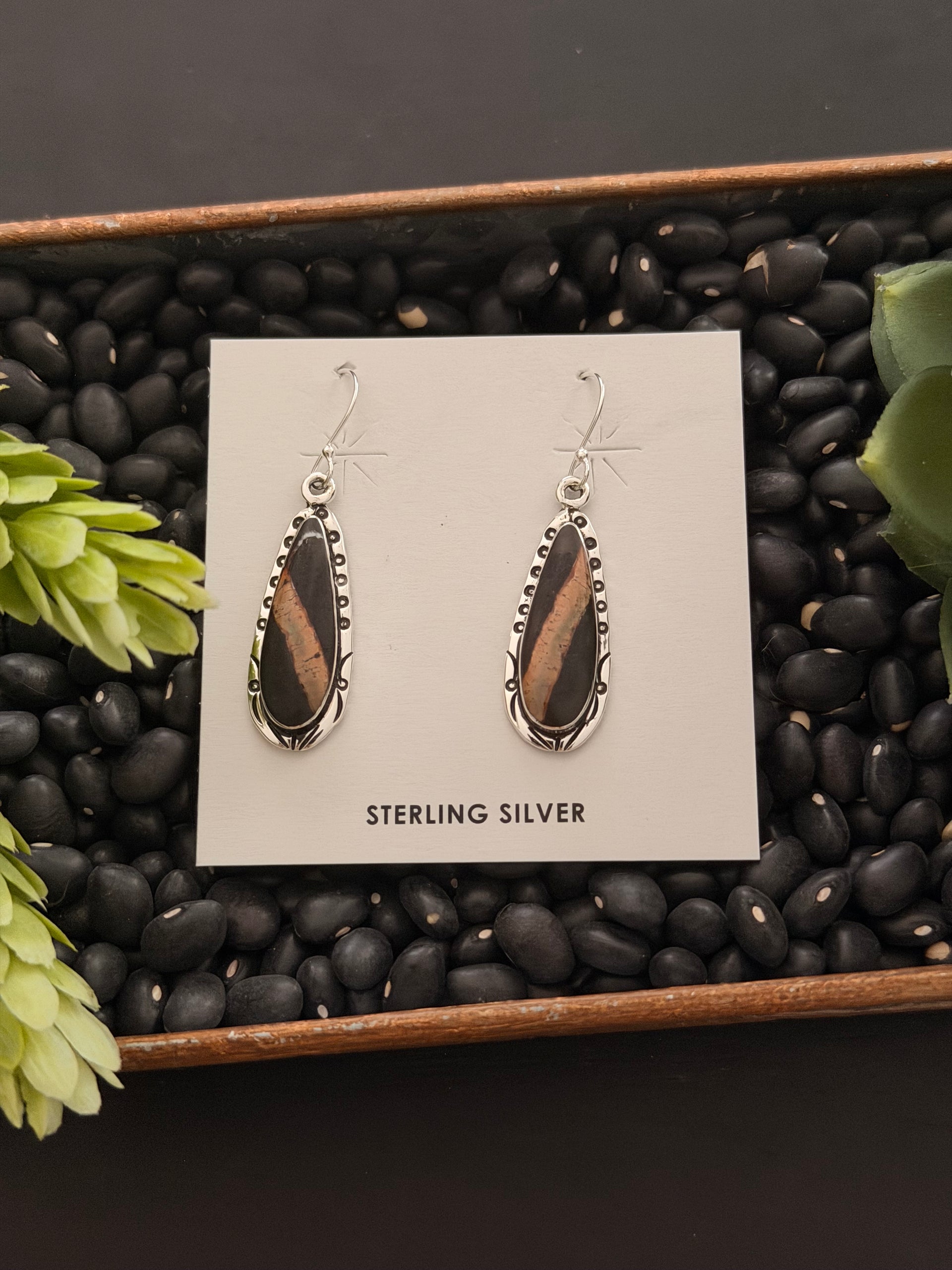 Navajo Made Black Jack Turquoise & Sterling Silver Dangle Earrings
