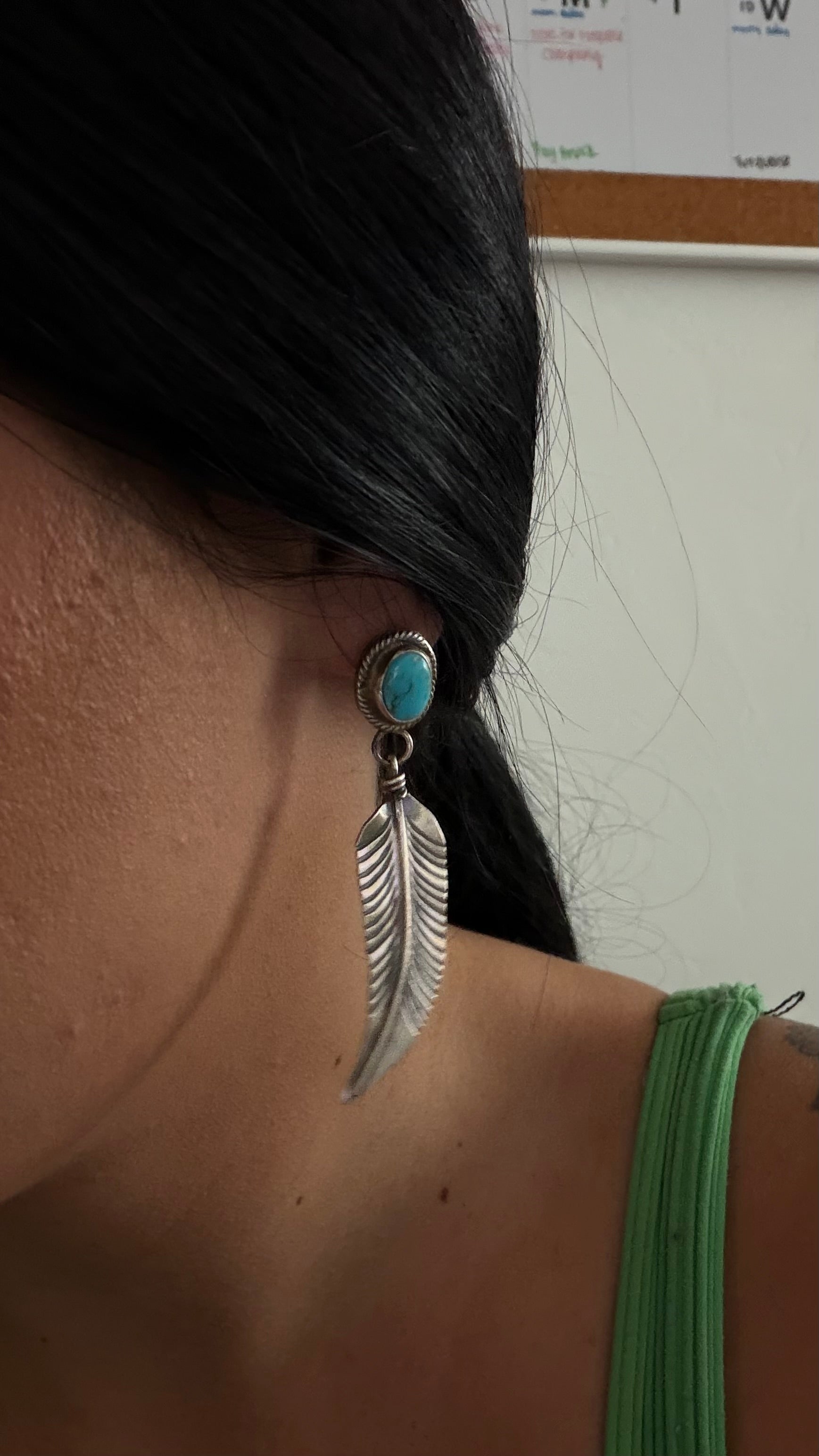Navajo Made Kingman Turquoise & Sterling Silver Post Dangle Feather Earrings