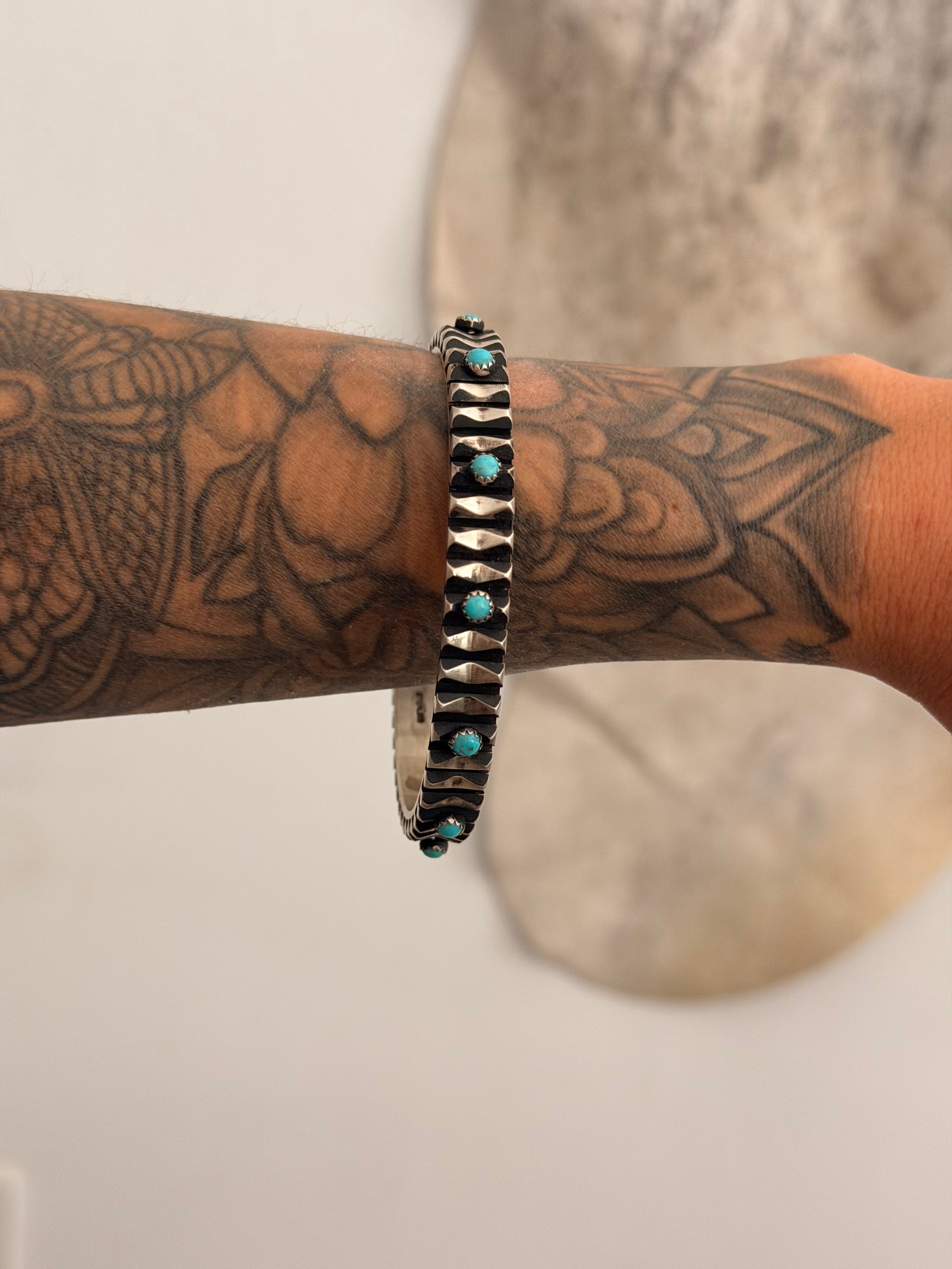 Leander Tahe Kingman Turquoise & Sterling Silver Bangle Cuff Bracelet