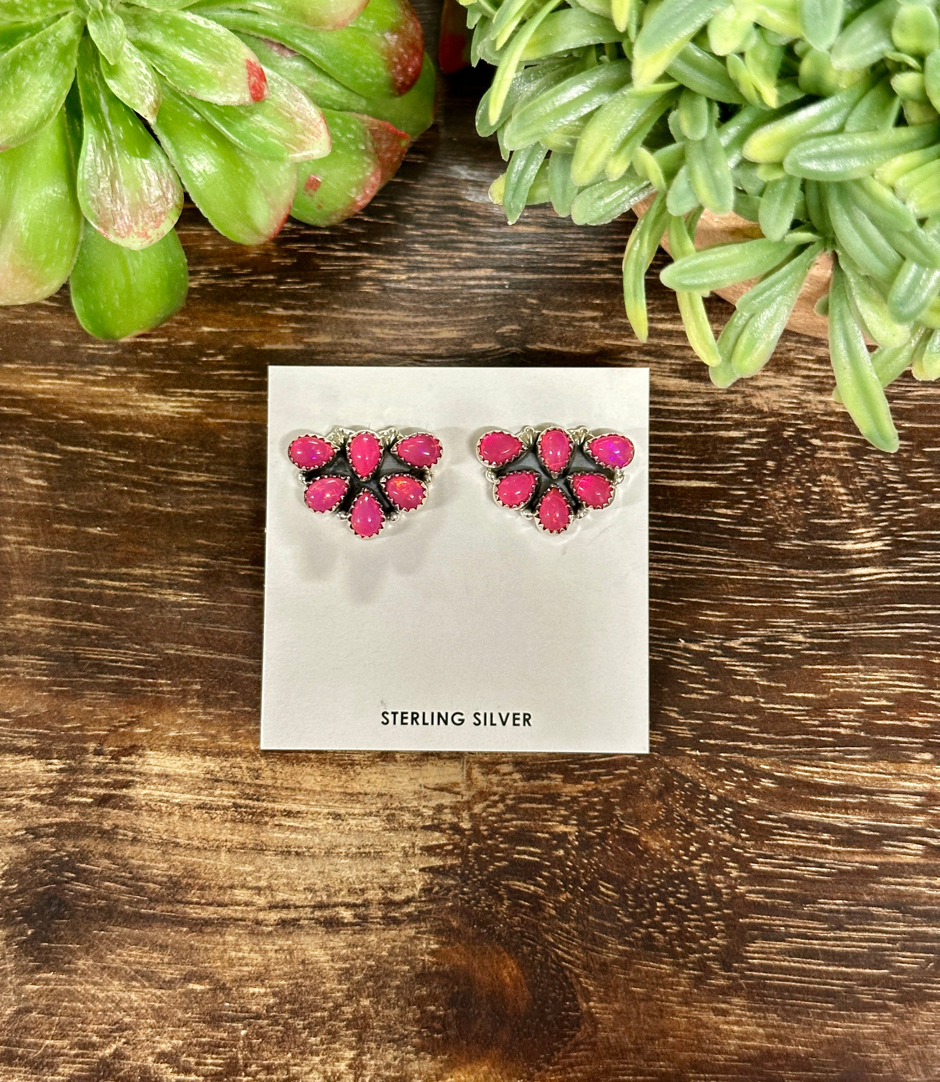 Southwest Handmade Hot Pink Opal & Sterling Silver Post Earrings