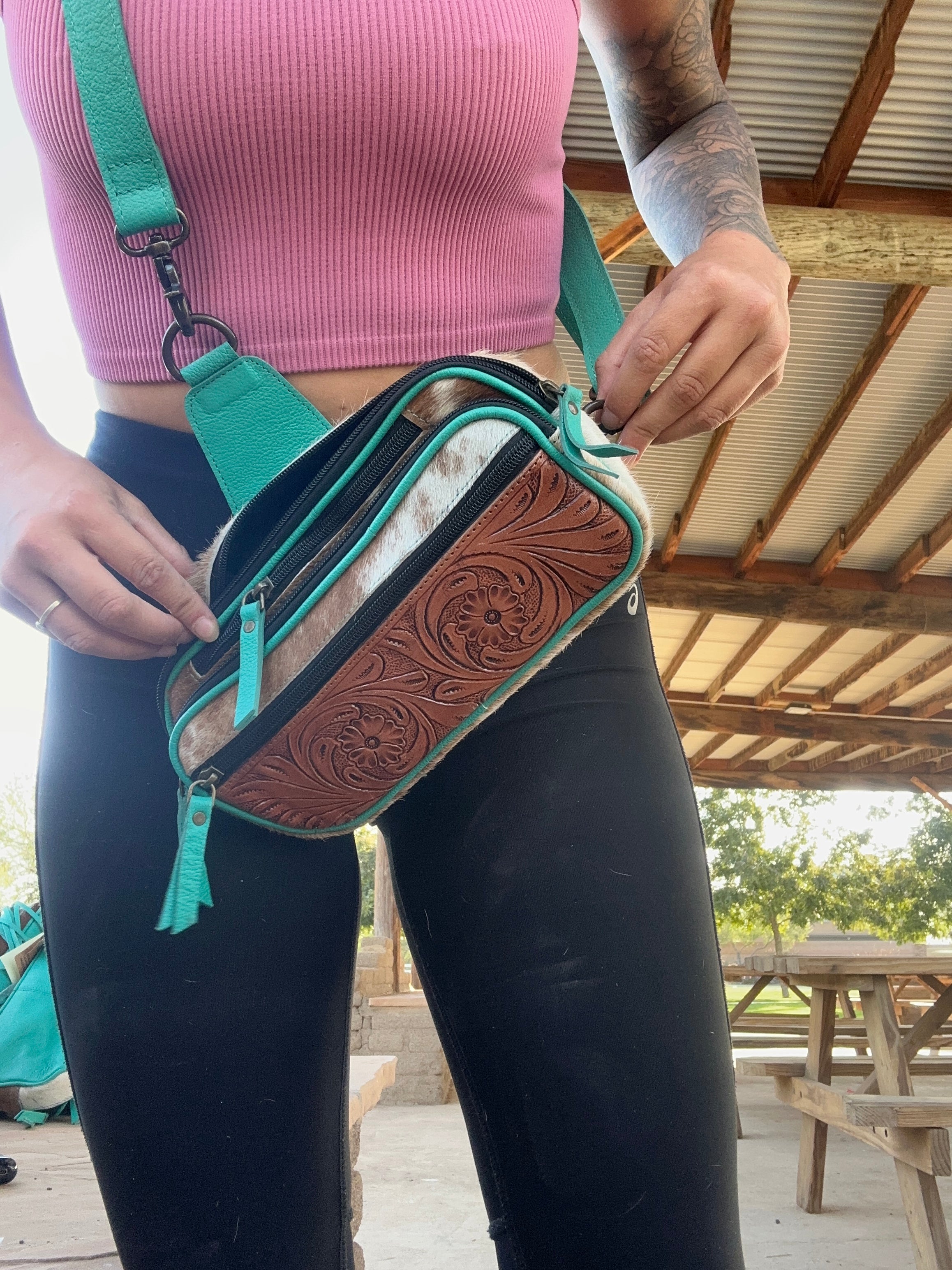 Genuine Tooled Leather Cowhide Cross Body