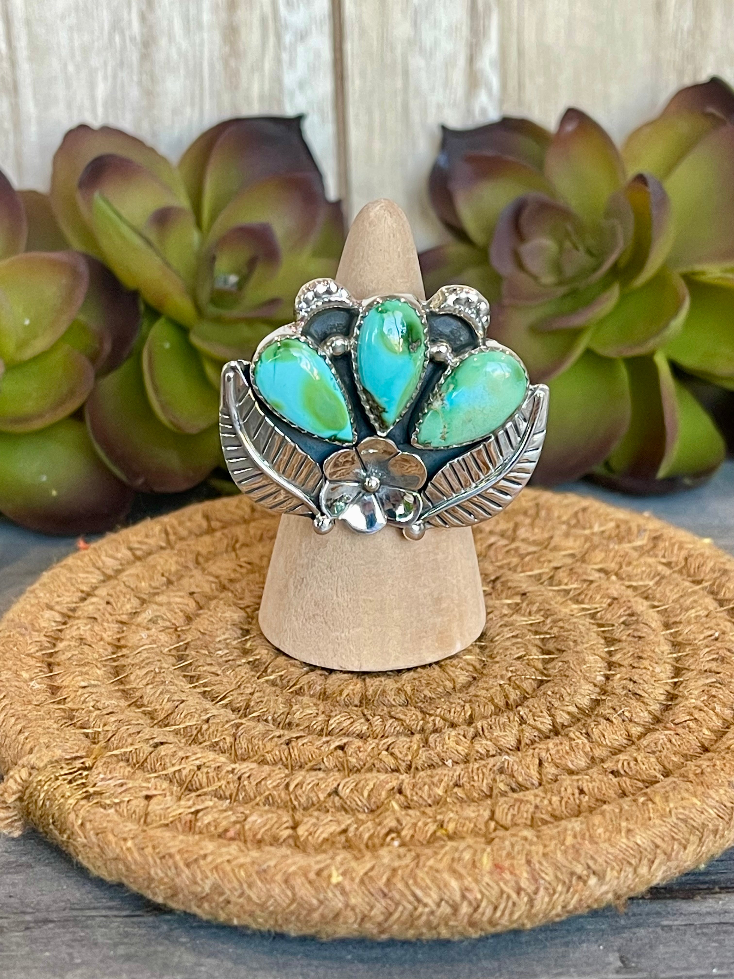 Southwest Handmade Sonoran Mountain Turquoise & Sterling Silver Adjustable Flower Ring