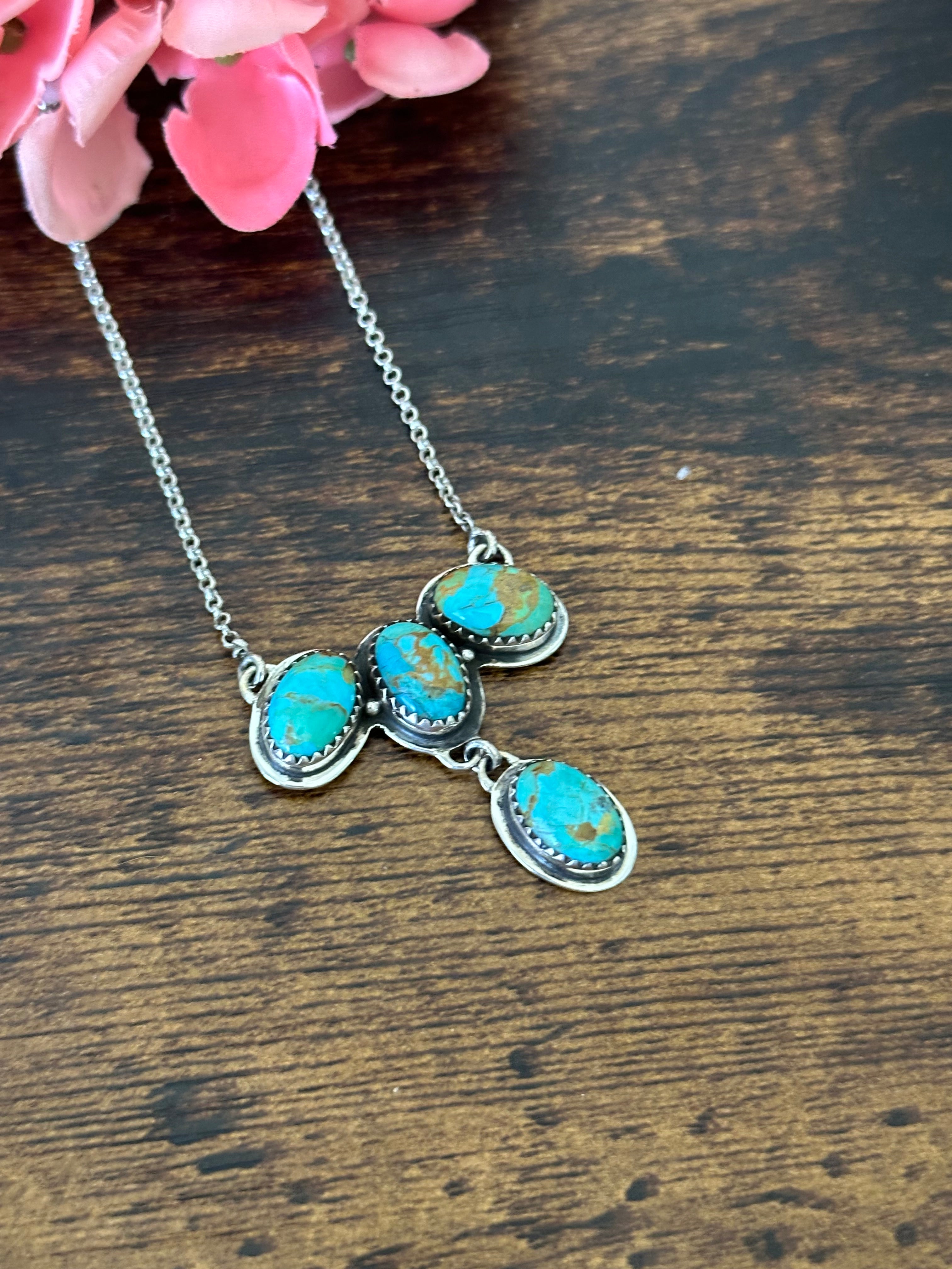 Southwest Handmade Kingman Turquoise & Sterling Silver Cluster Necklace