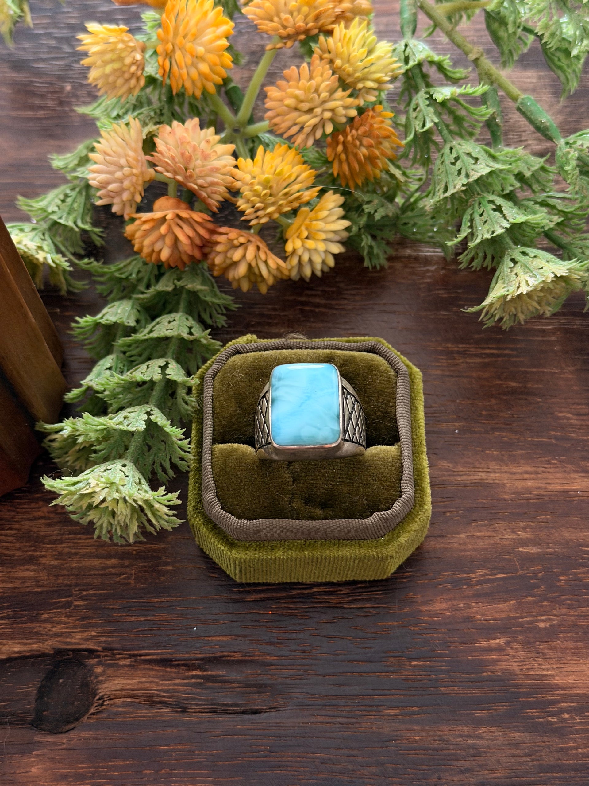 Navajo Made Larimar & Sterling Silver Cast Ring Size 8.5