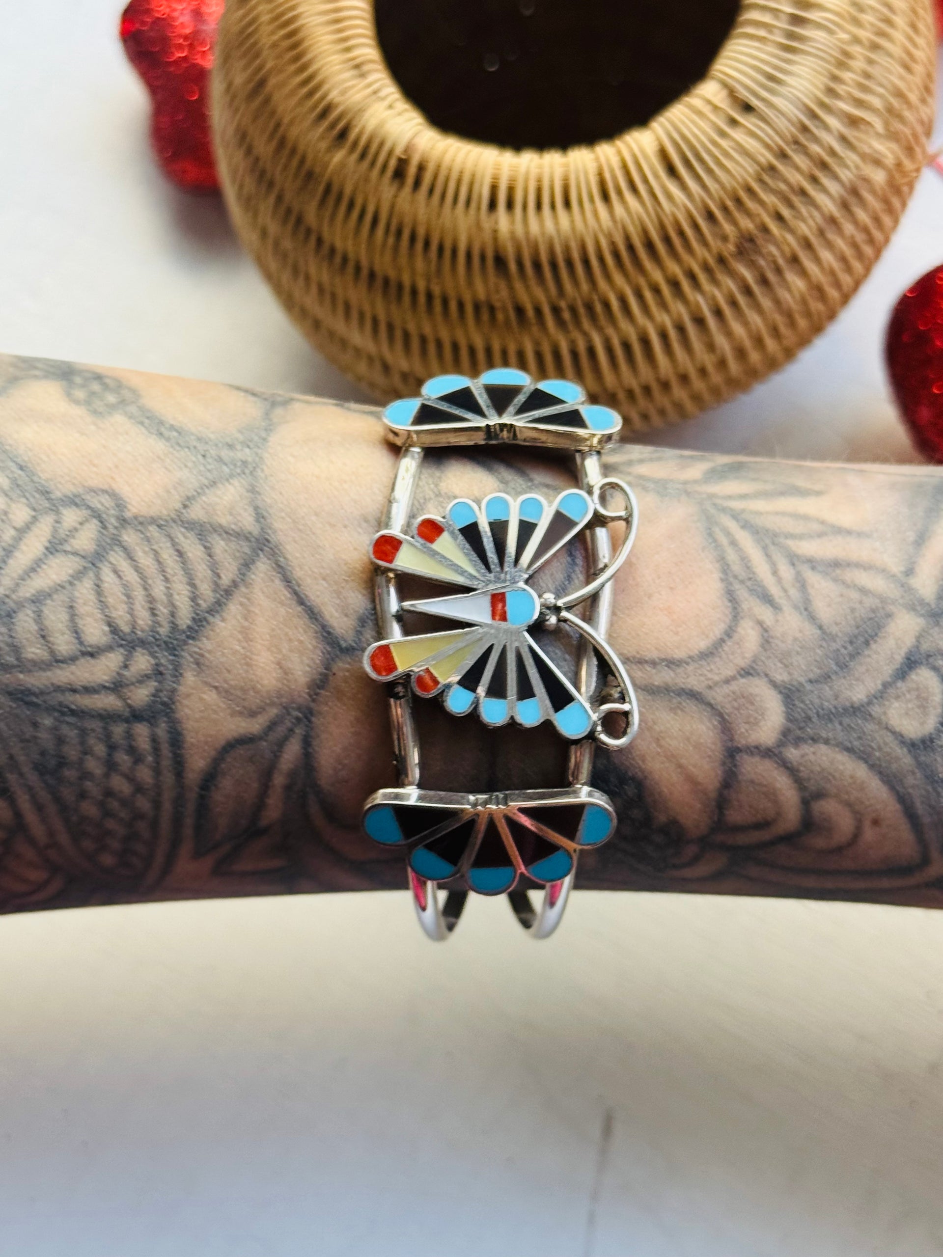 Zuni Made Multi Stone & Sterling Silver Inlay Butterfly Cuff Bracelet