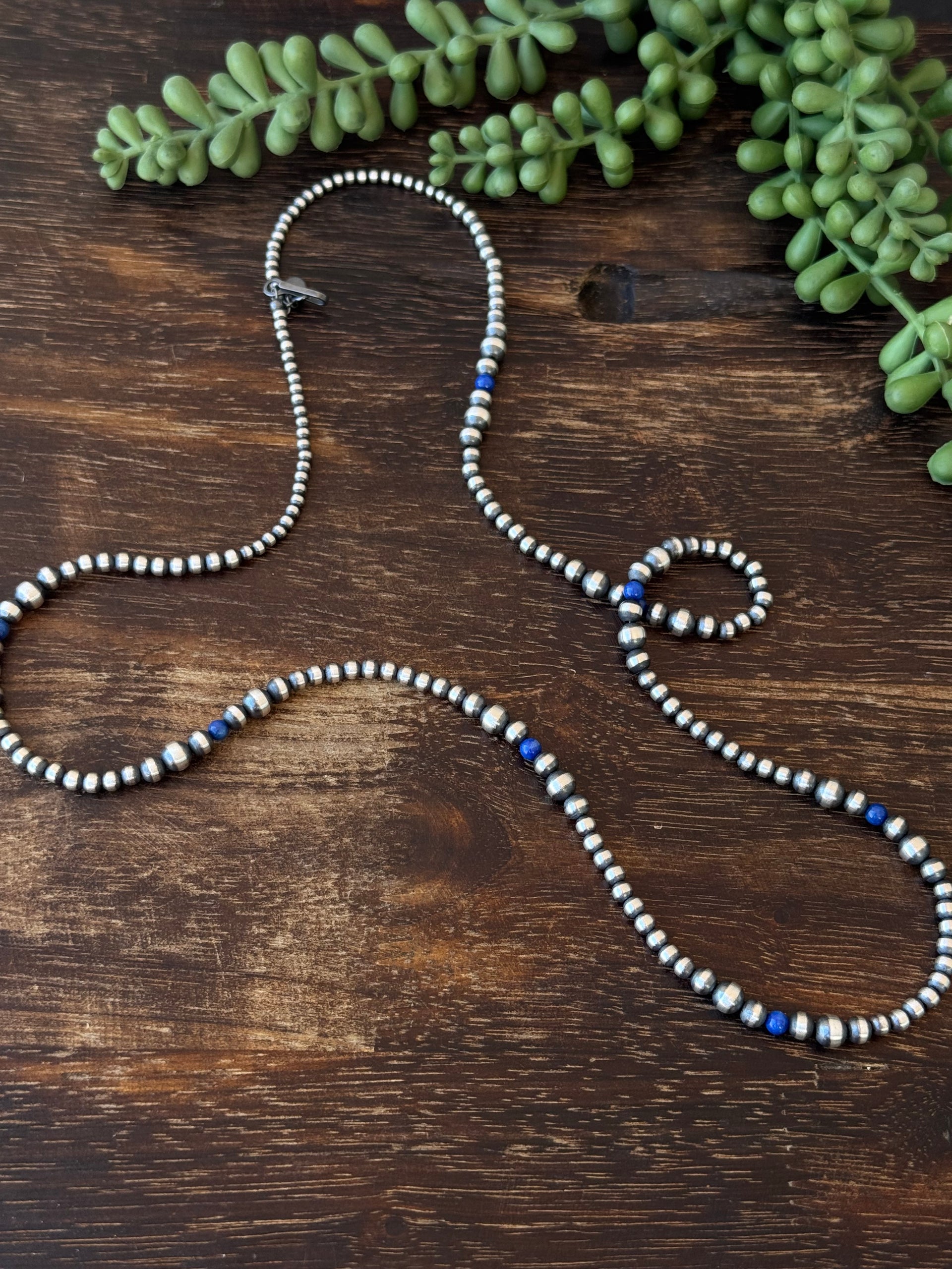 Navajo Strung Lapis & Sterling Silver Graduated Pearl Necklace
