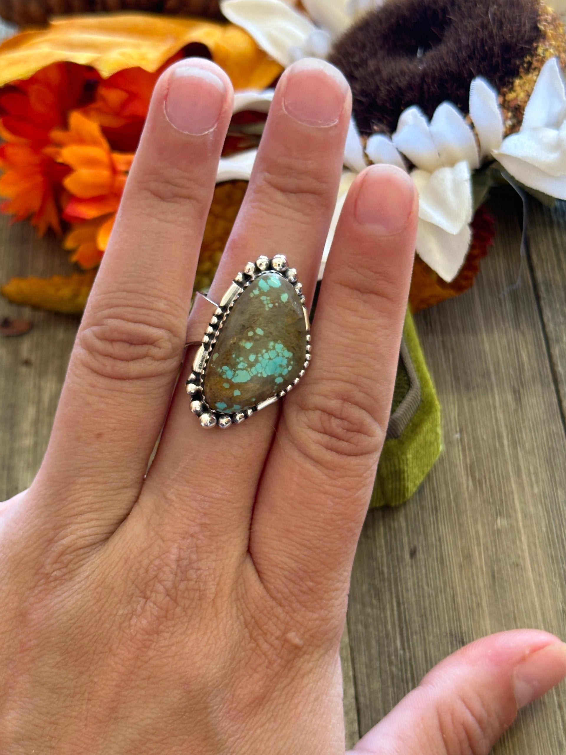 Southwest Handmade #8 Turquoise & Sterling Silver Adjustable Ring