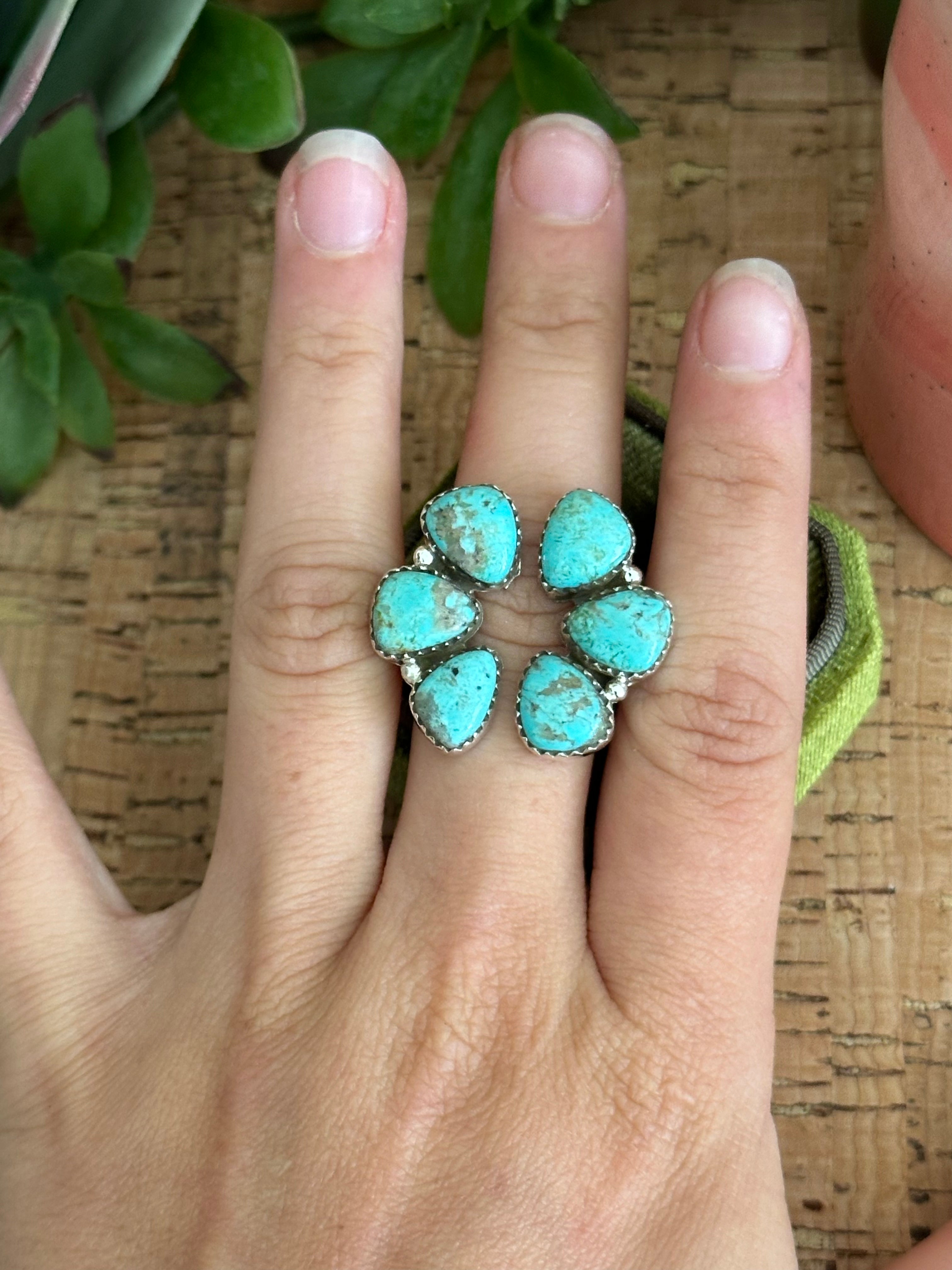 Southwest Handmade Kingman Turquoise & Sterling Silver Adjustable Cluster Ring