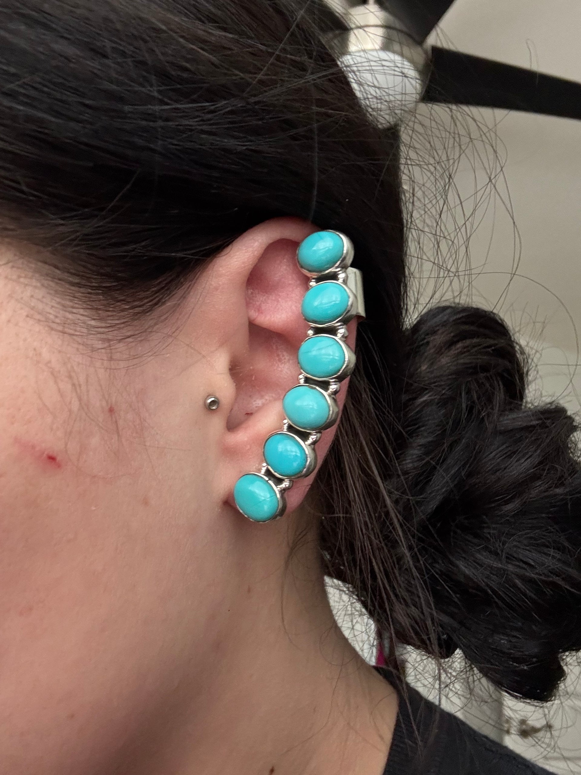 Southwest Handmade Kingman Turquoise & Sterling Silver Post Ear Climber Earrings