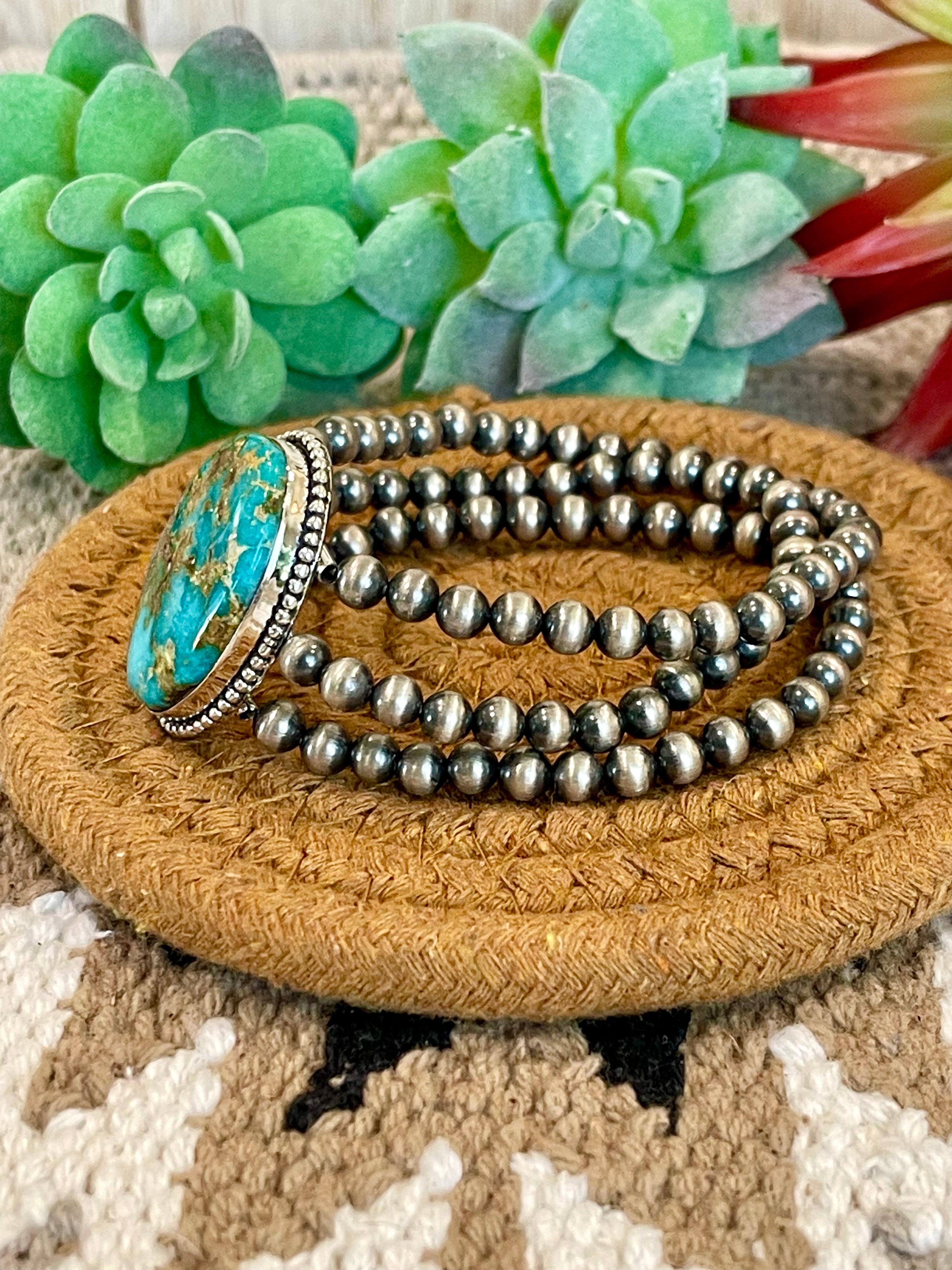 Southwest Handmade Sonoran Mountain Turquoise & Sterling Silver 3 Strand Beaded Stretch Bracelet