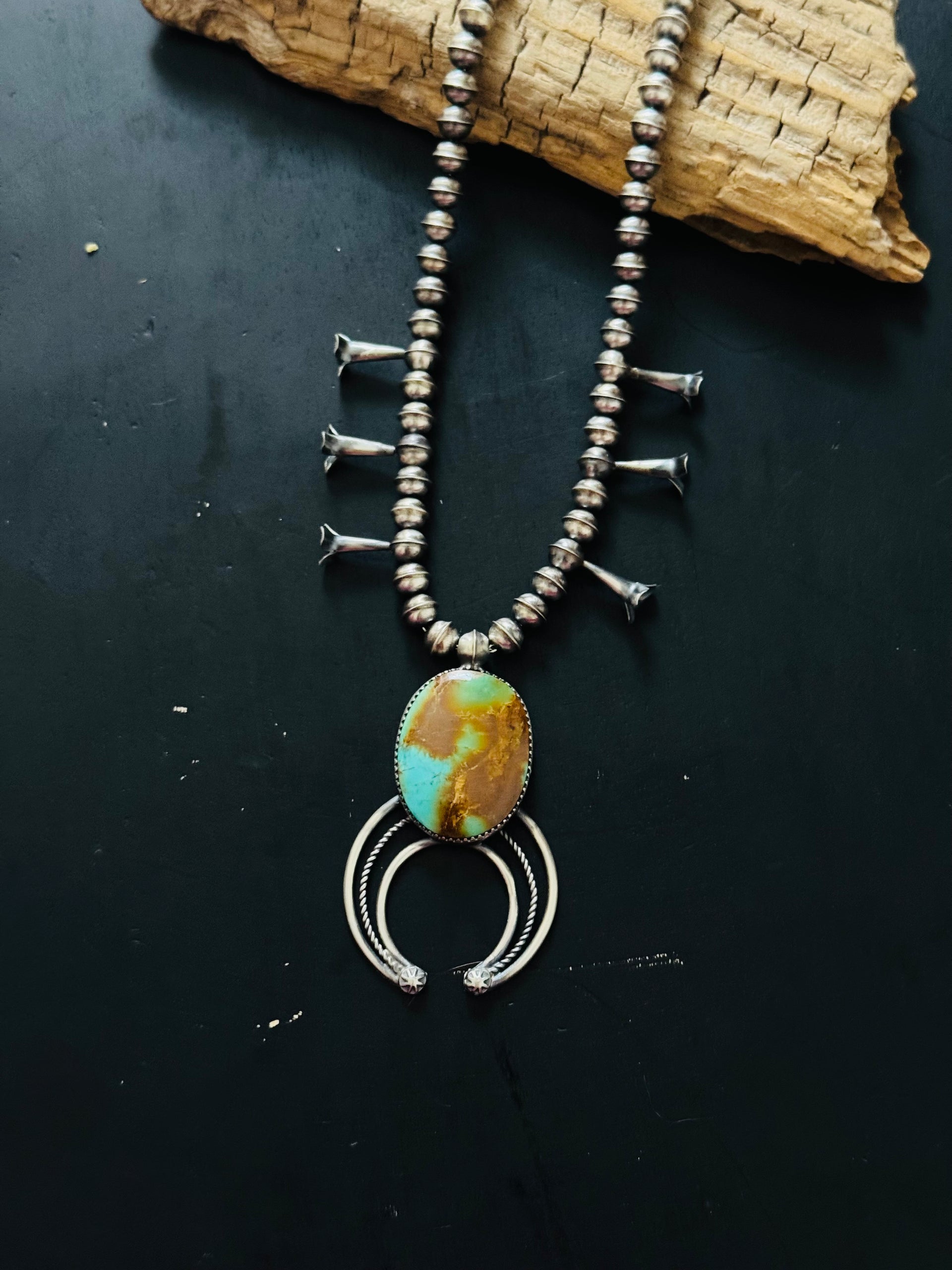 Navajo Made Pilot Mountain Turquoise & Sterling Silver Squash Blossom Necklace