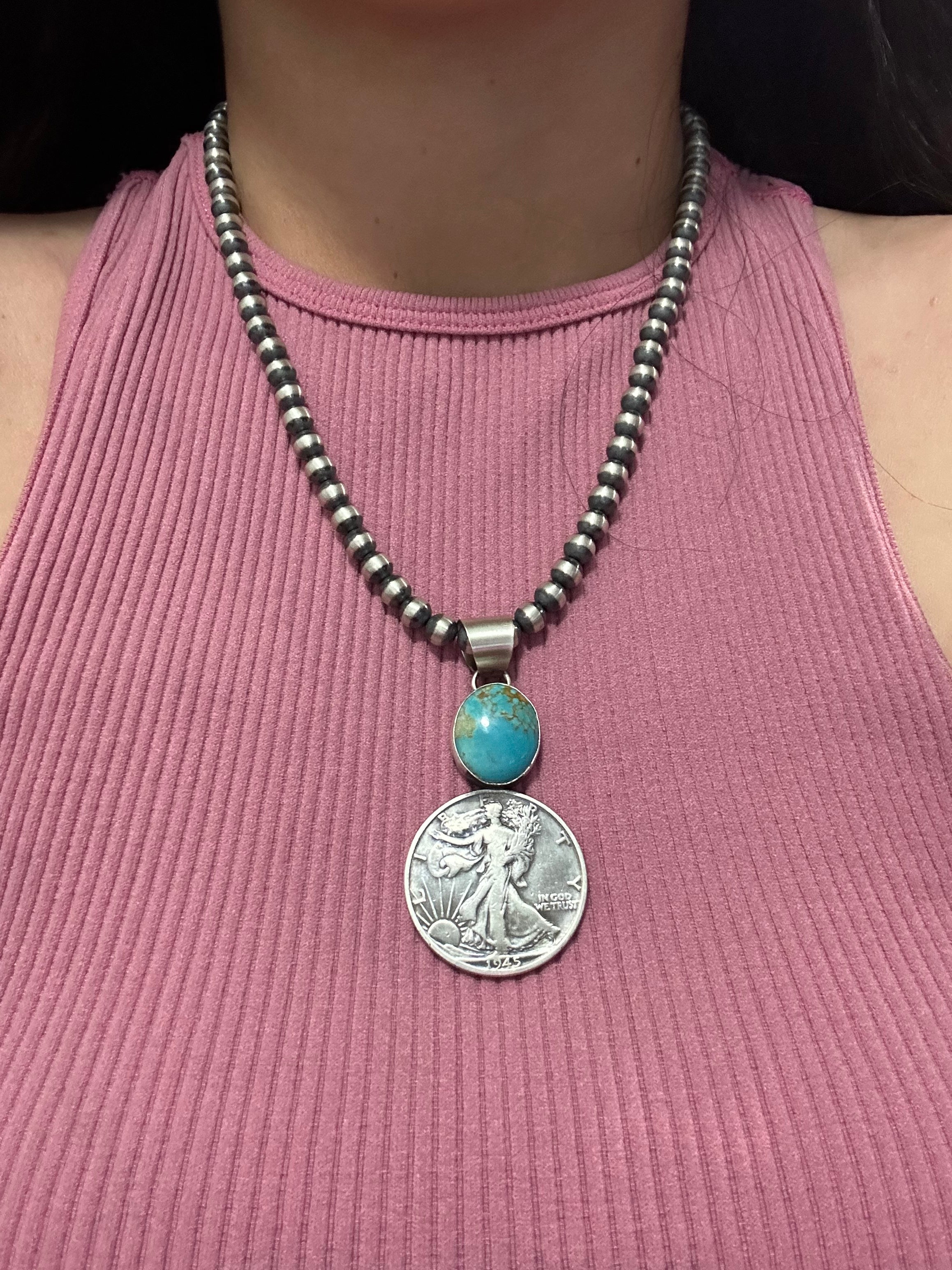 Navajo Made Kingman Turquoise & Sterling Silver Dollar Pendant