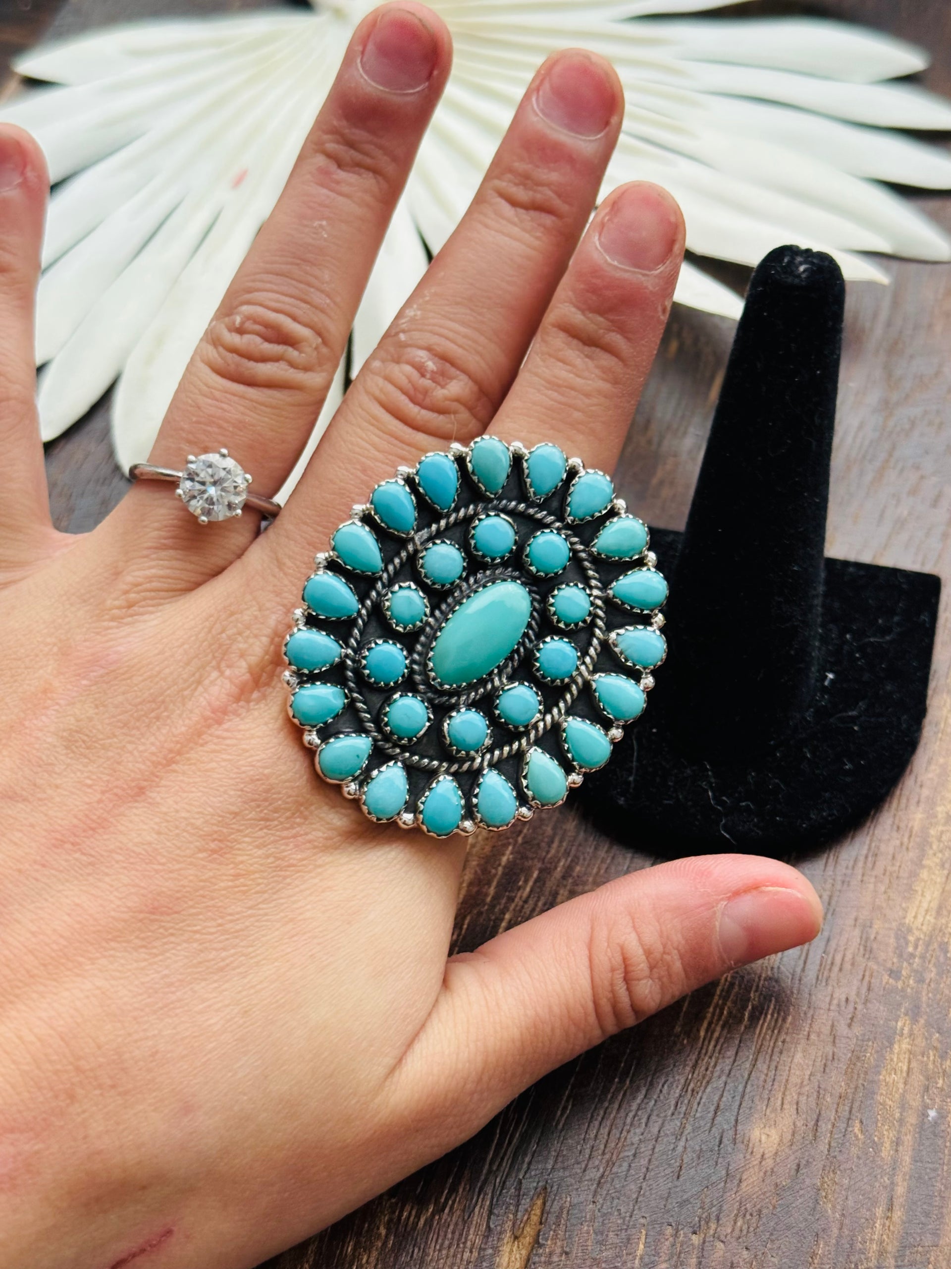 Southwest Handmade Kingman Turquoise & Sterling Silver Adjustable Cluster Ring