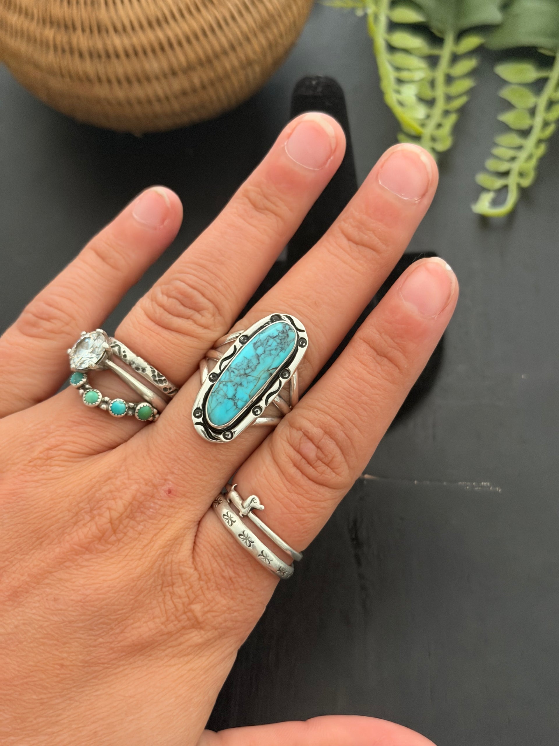 Navajo Made Kingman Turquoise & Sterling Silver Ring Size 7.75