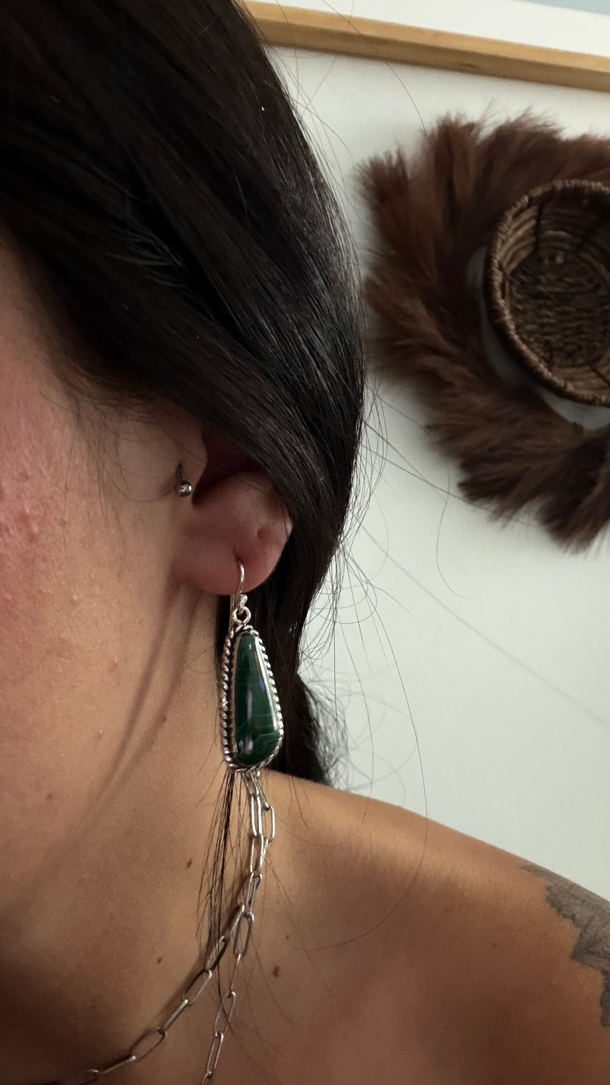 Navajo Made Malachite & Sterling Silver Dangle Earrings