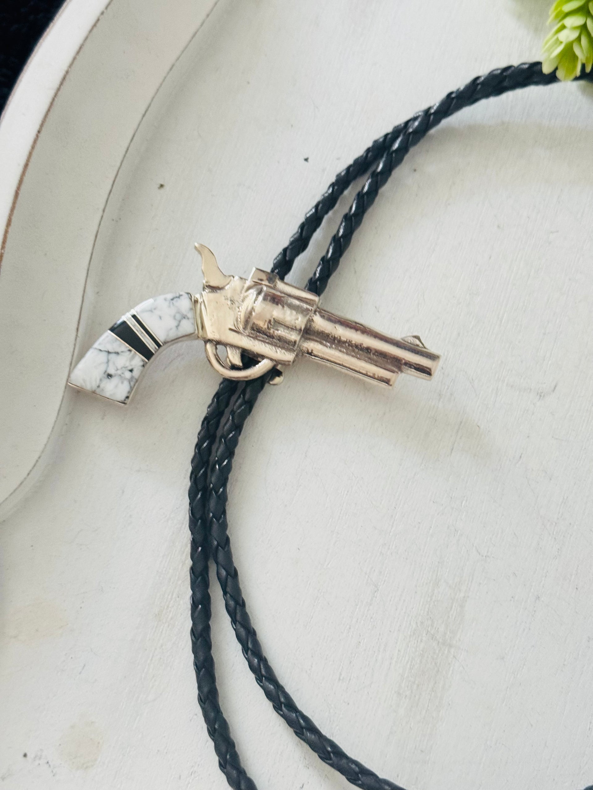 Bobby Mannelito Multi Stone & Sterling Silver Pistol Inlay Bolo Tie