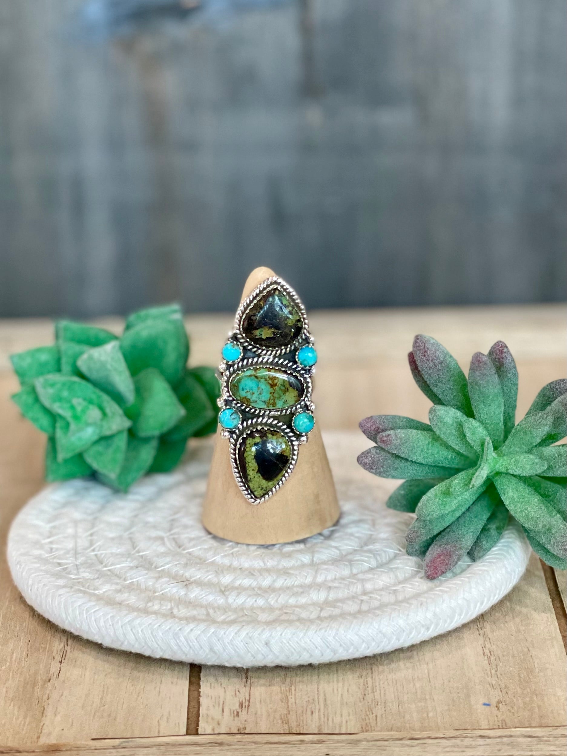 Southwest Handmade BlackJack Turquoise And Kingman Turquoise & Sterling Silver Adjustable Ring