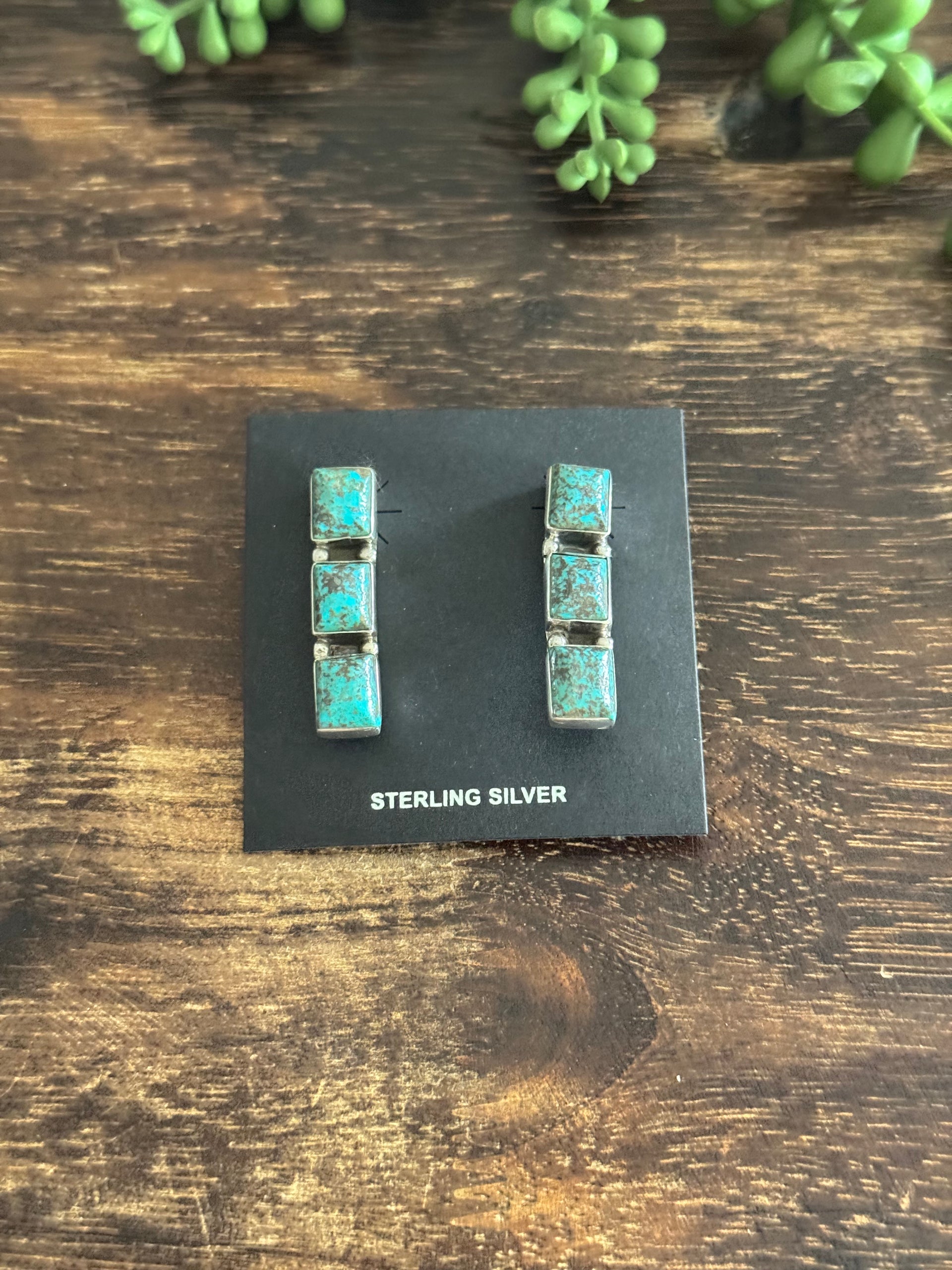 Navajo Made Red Skin Turquoise & Sterling Silver Post Dangle Cluster Earrings