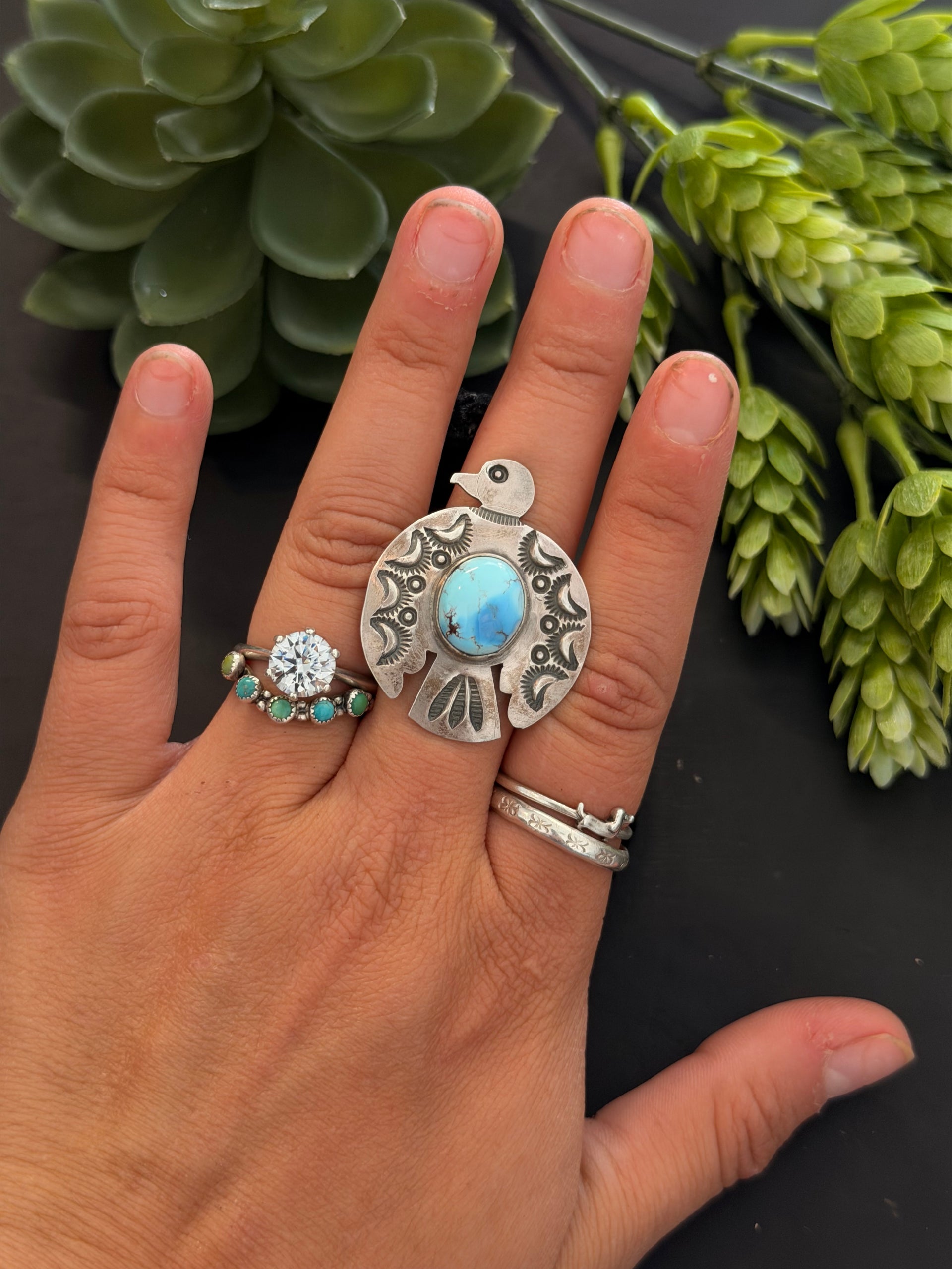 Randy Boyd Golden Hills Turquoise & Sterling Silver Thunderbird Ring Size 7
