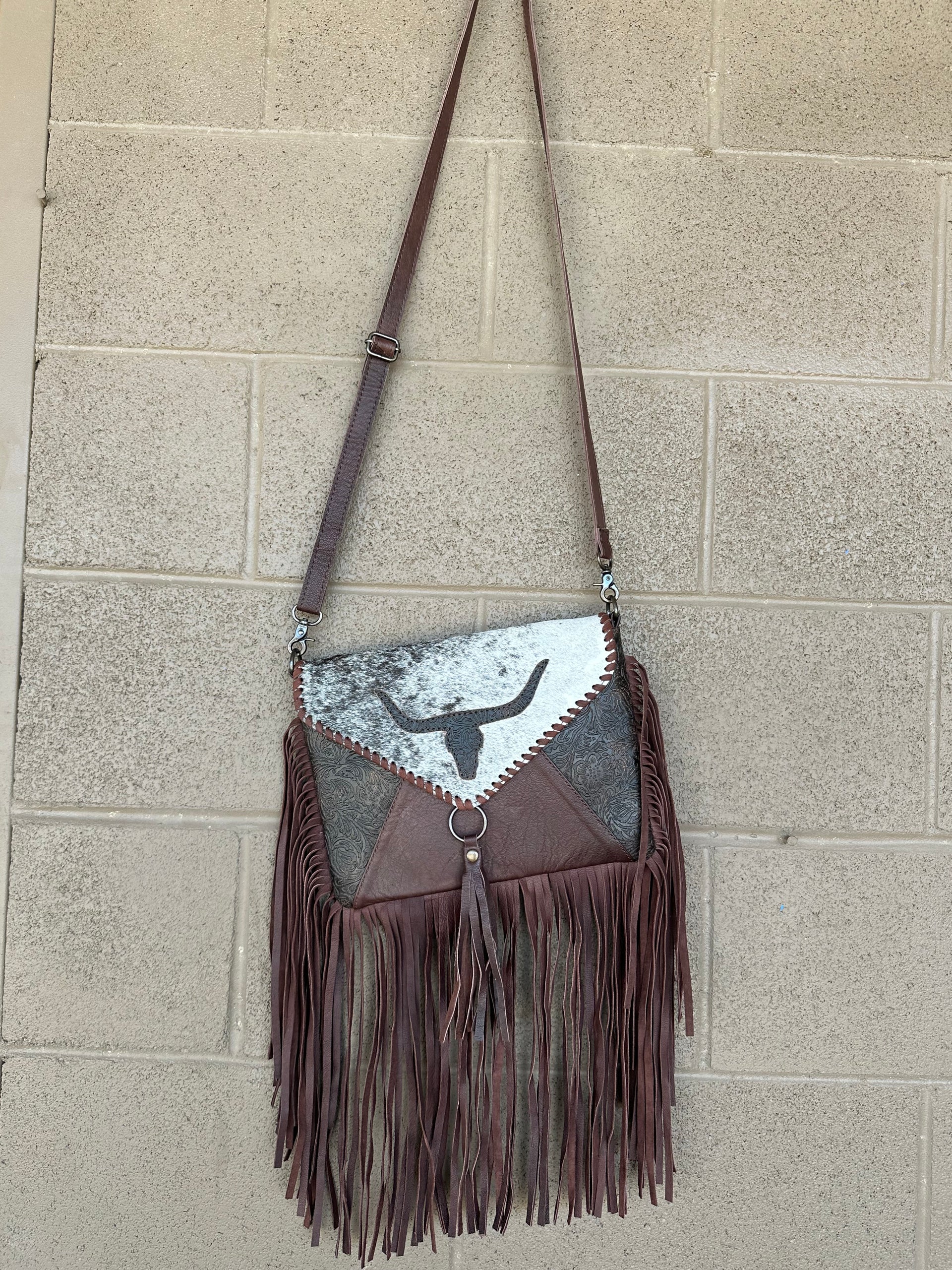 Genuine Tooled Leather & Cowhide Fringe Purse