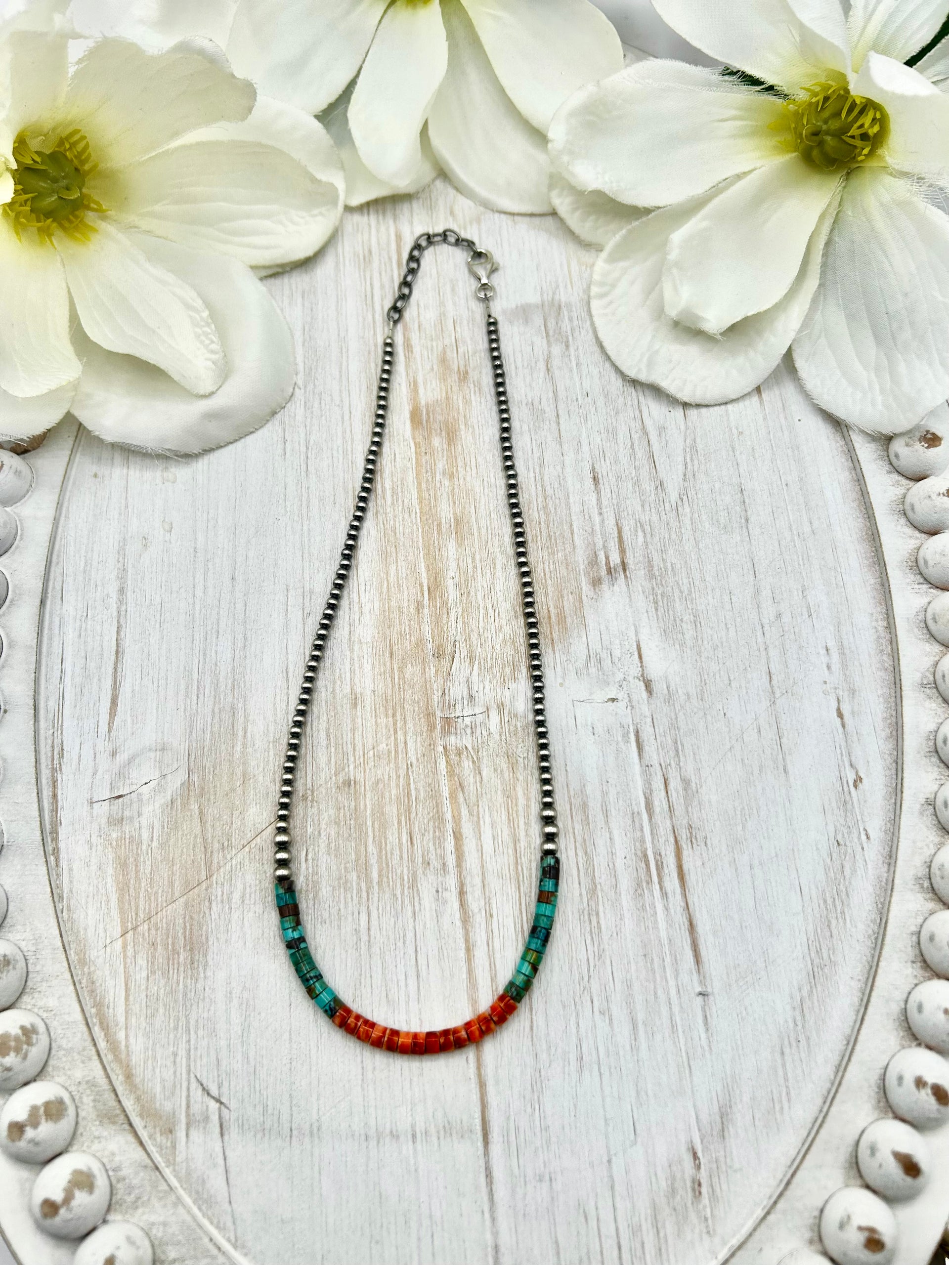 Navajo Made Strung Multi Stone & Sterling Silver Necklace