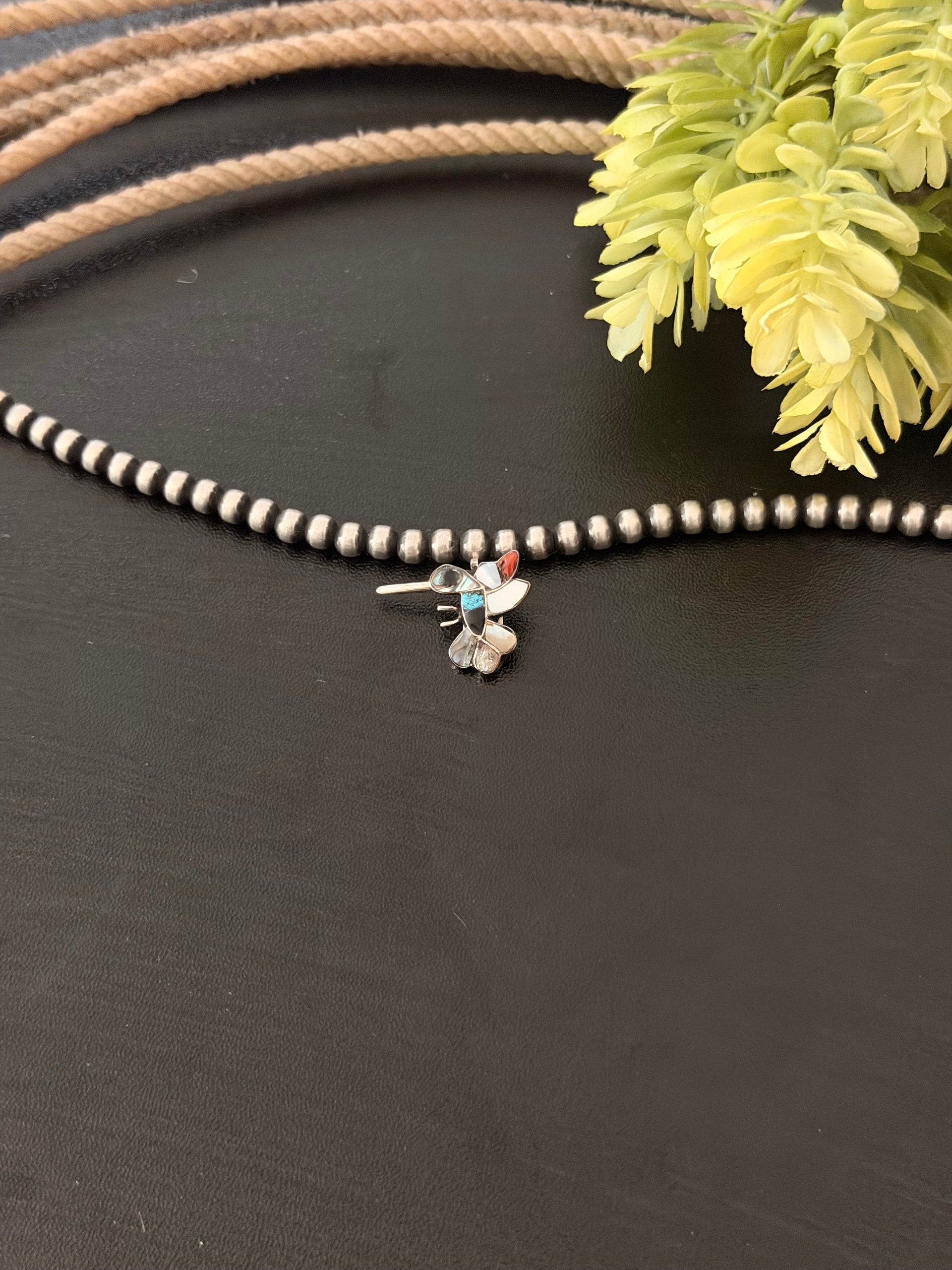 Zuni Made Multi Stone & Sterling Silver Inlay Hummingbird Pendant