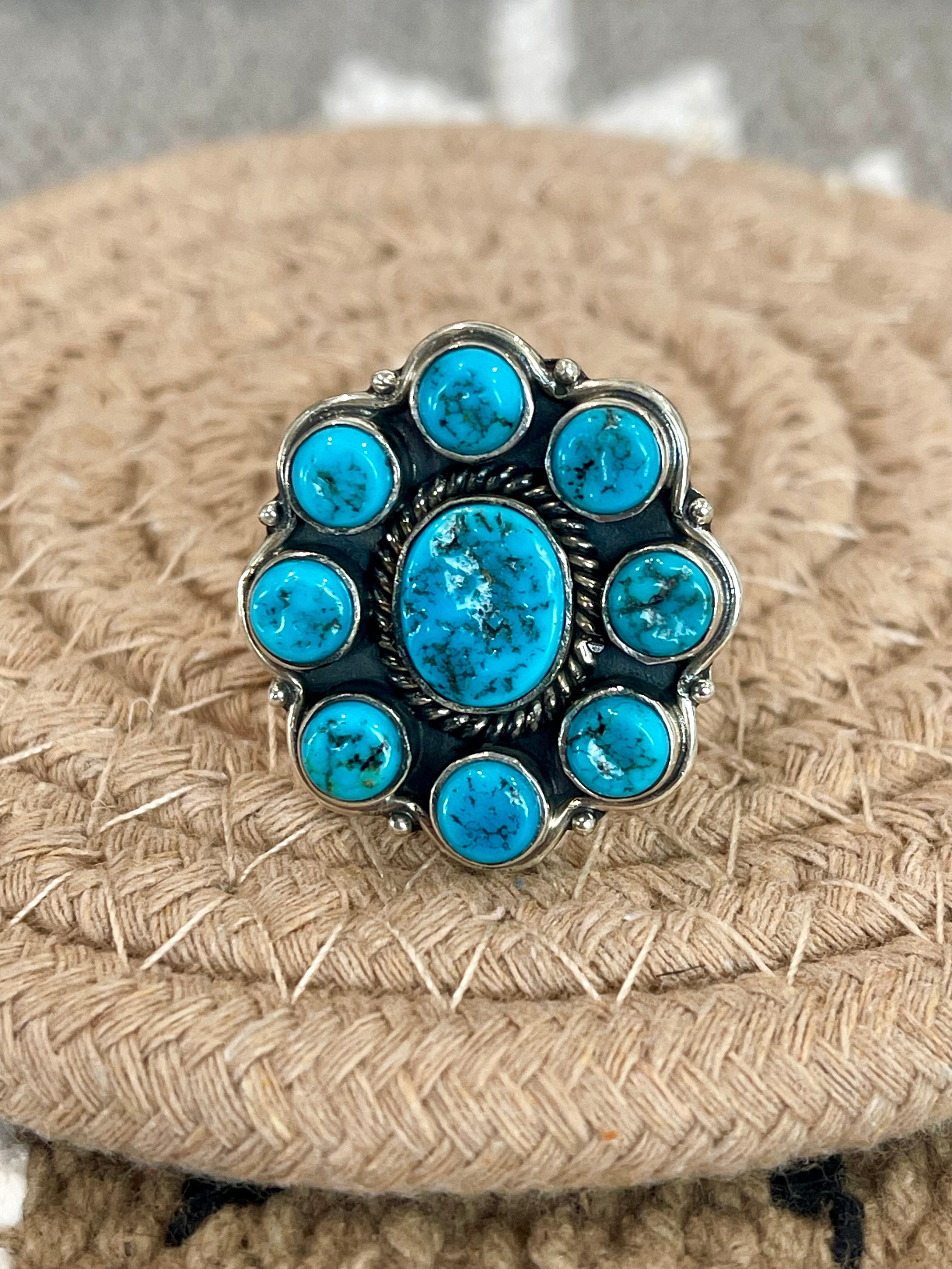 Southwest Handmade Kingman Turquoise & Sterling Silver Size 8.75 Cluster Flower Ring