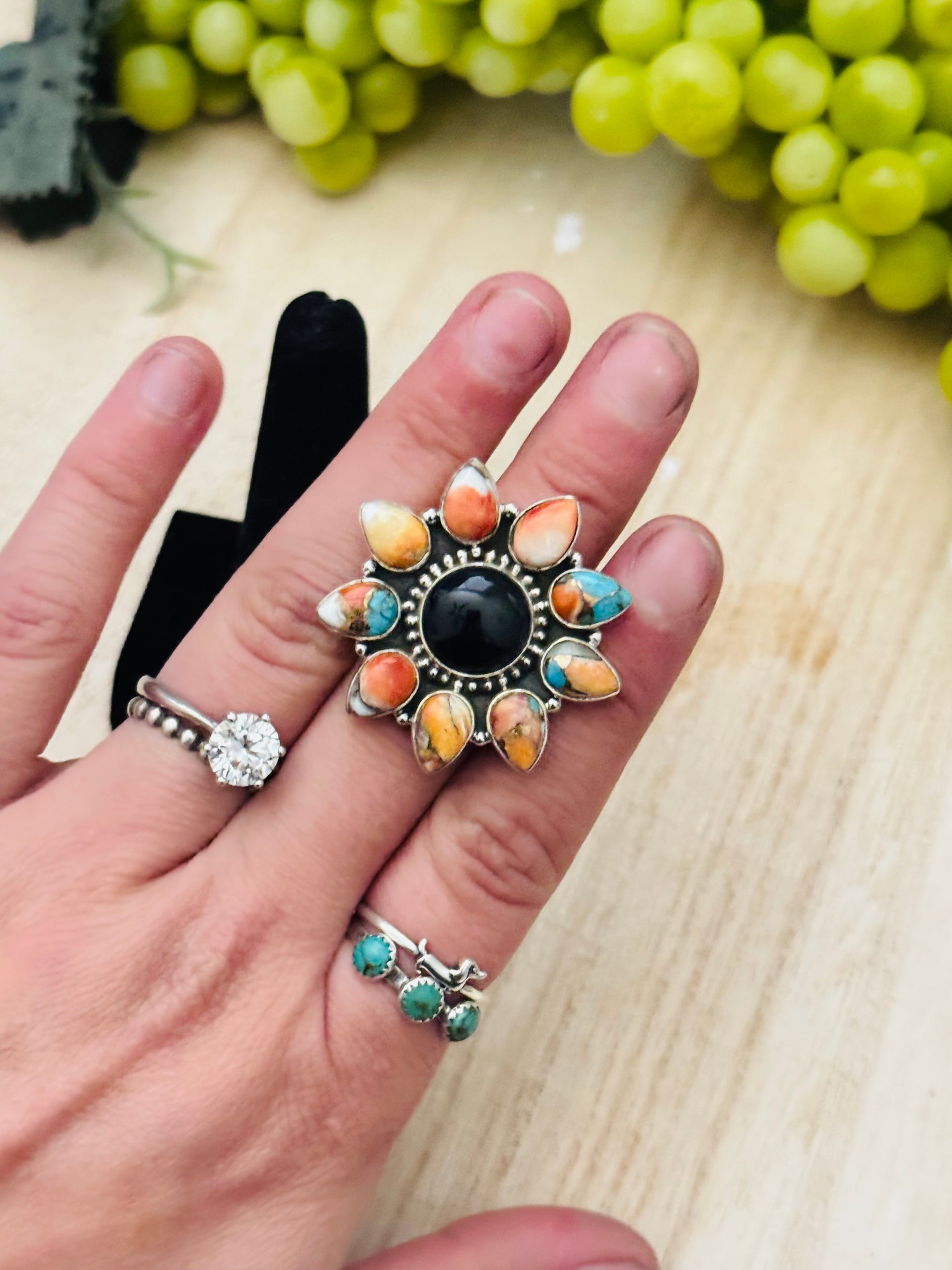 Southwest Handmade Multi Stone & Sterling Silver Adjustable Cluster Ring