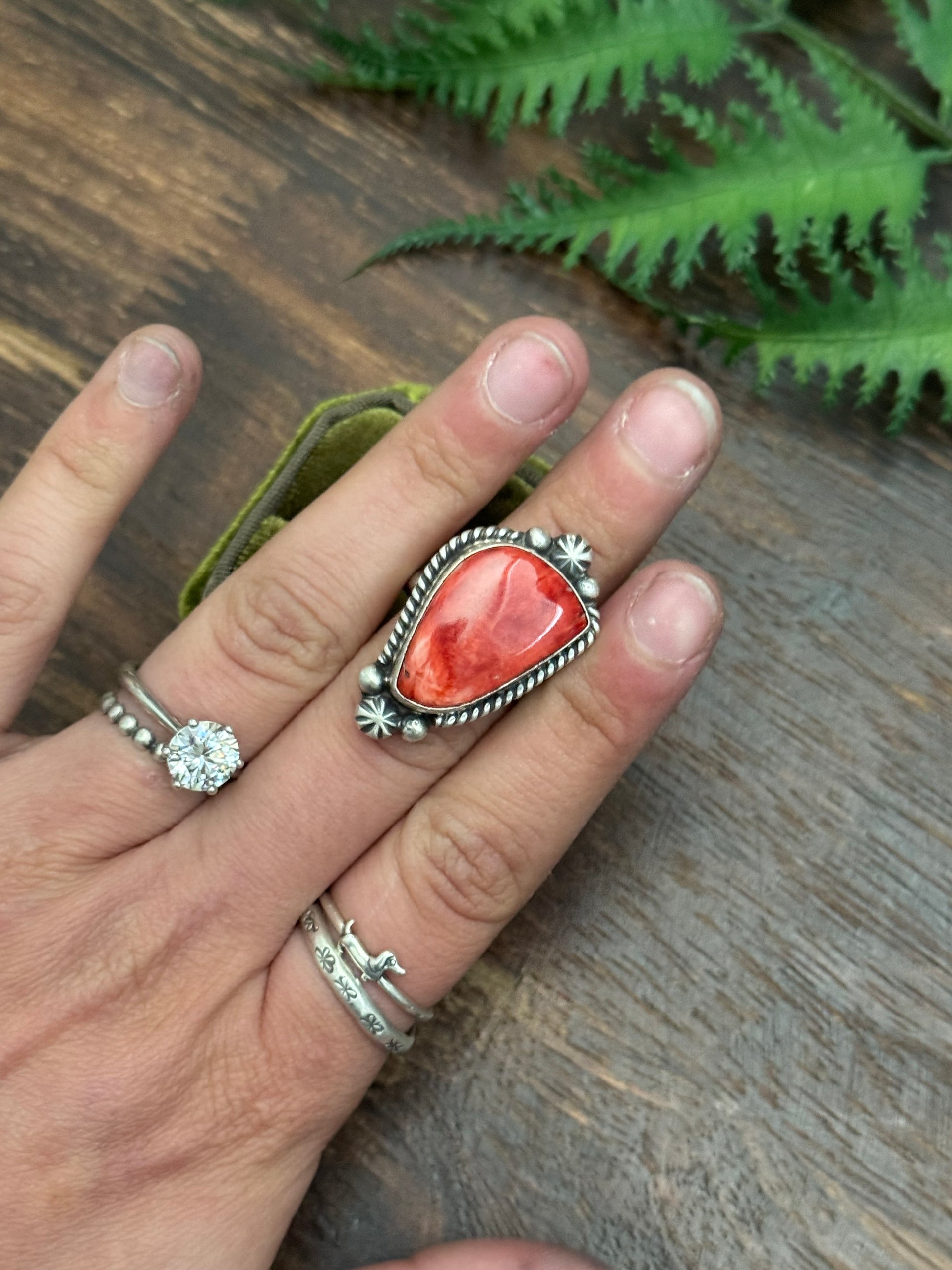 Alfred Martinez Red Spiny Oyster & Sterling Silver Adjustable Ring