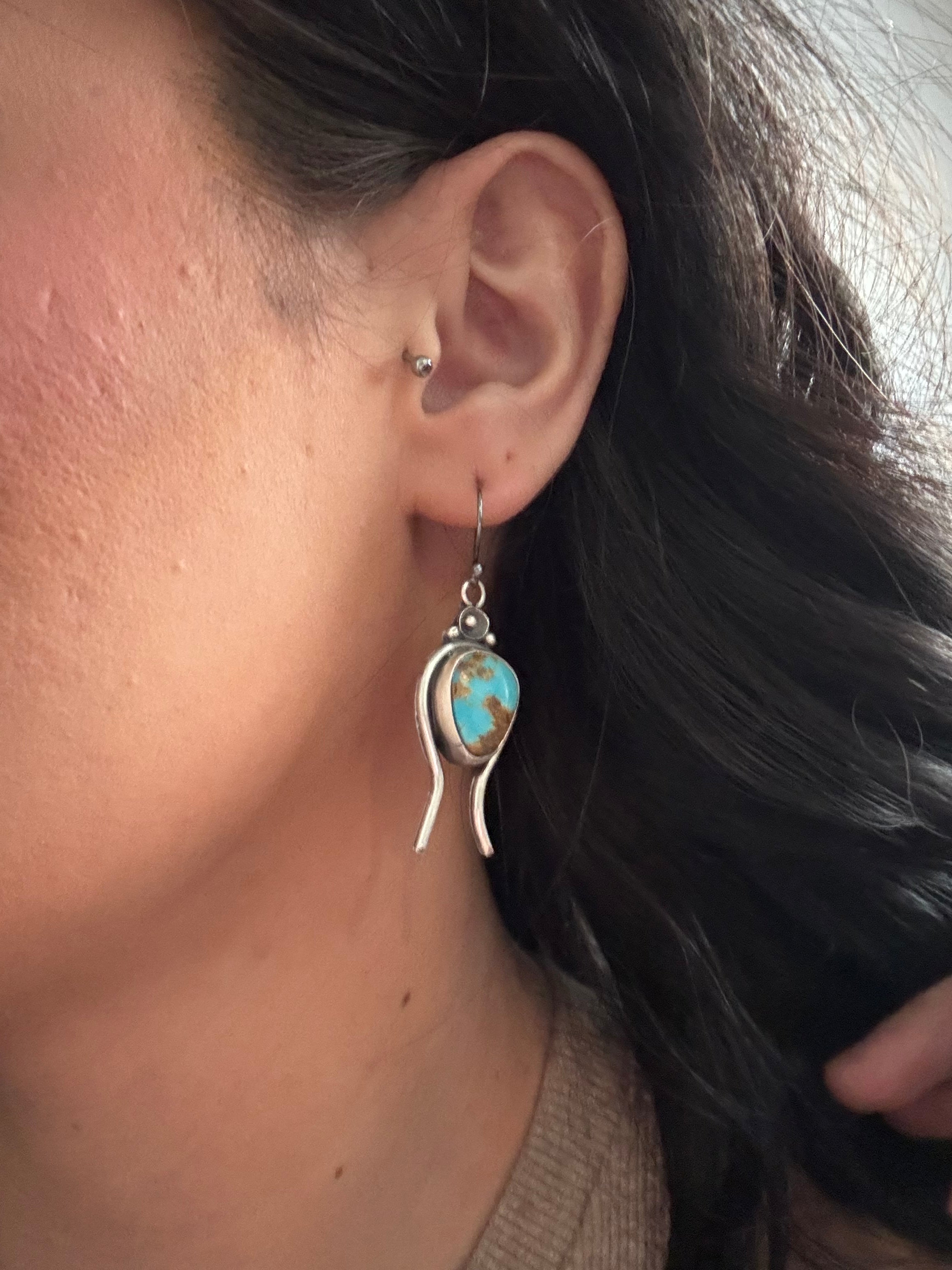 Navajo Made Kingman Turquoise & Sterling Silver Dangle Earrings