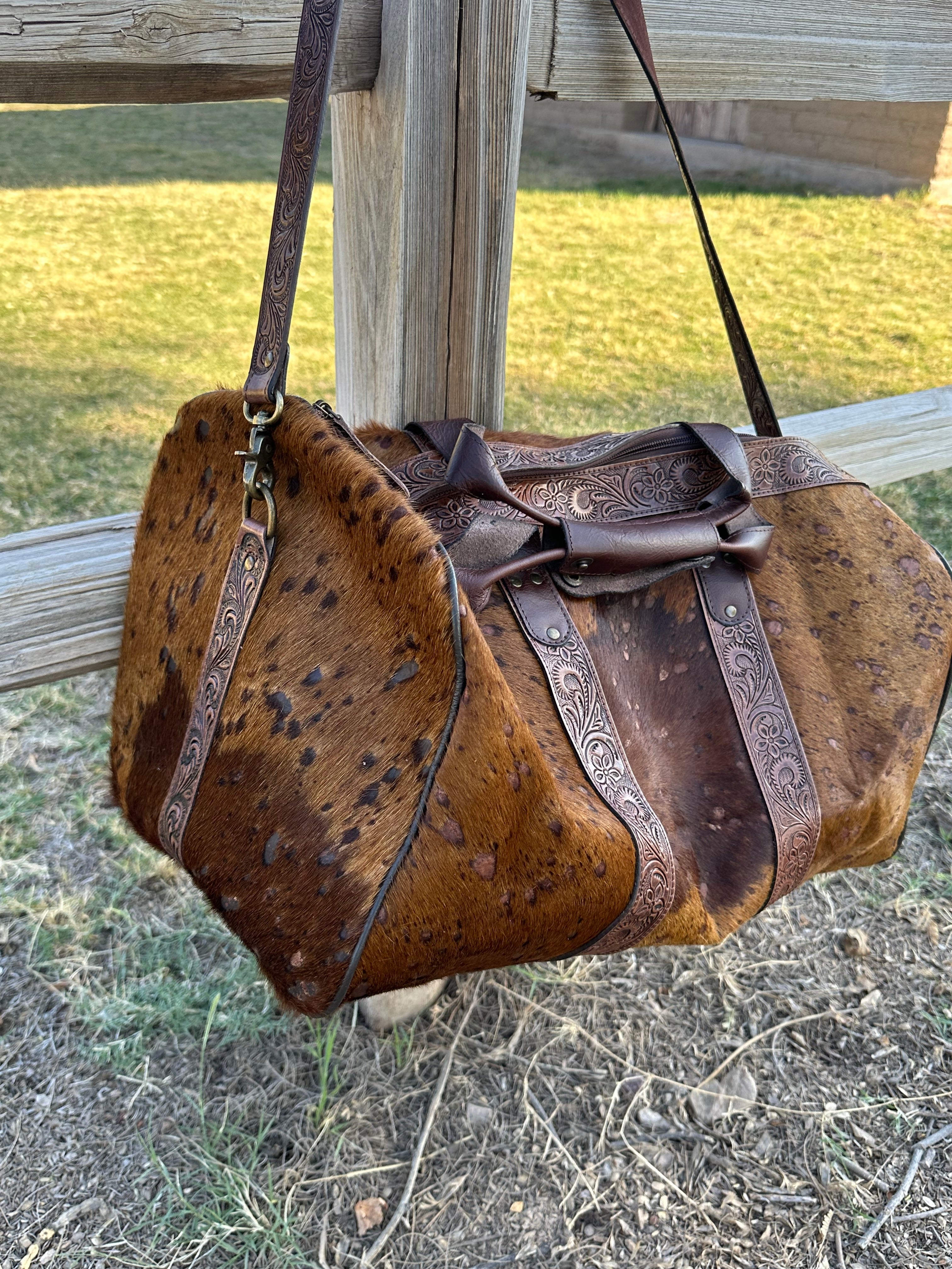 Genuine Tooled Leather Cowhide Duffle Bag