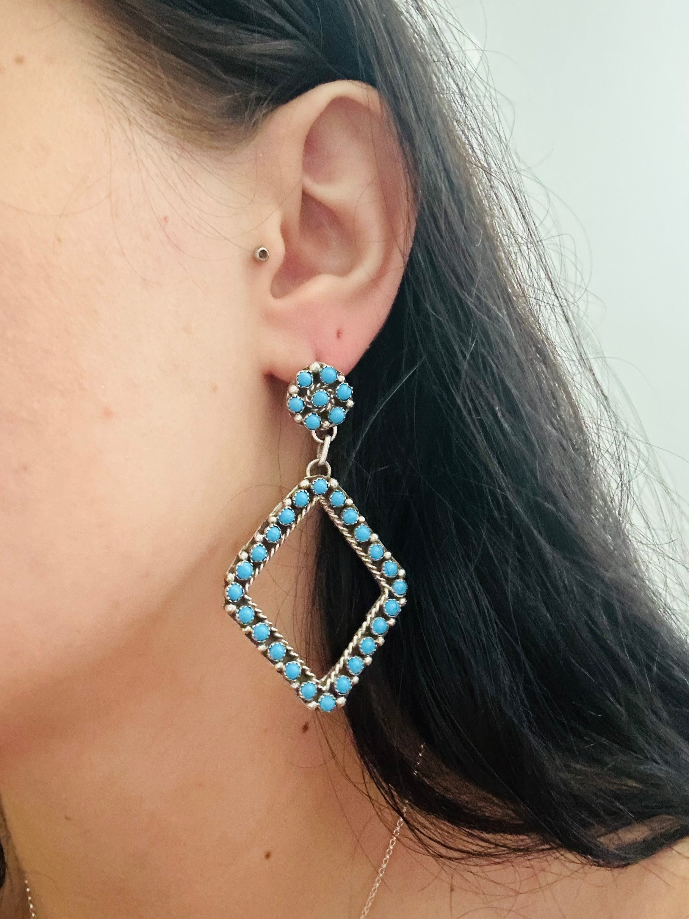 Zuni Made Turquoise & Sterling Silver Post Dangle Earrings