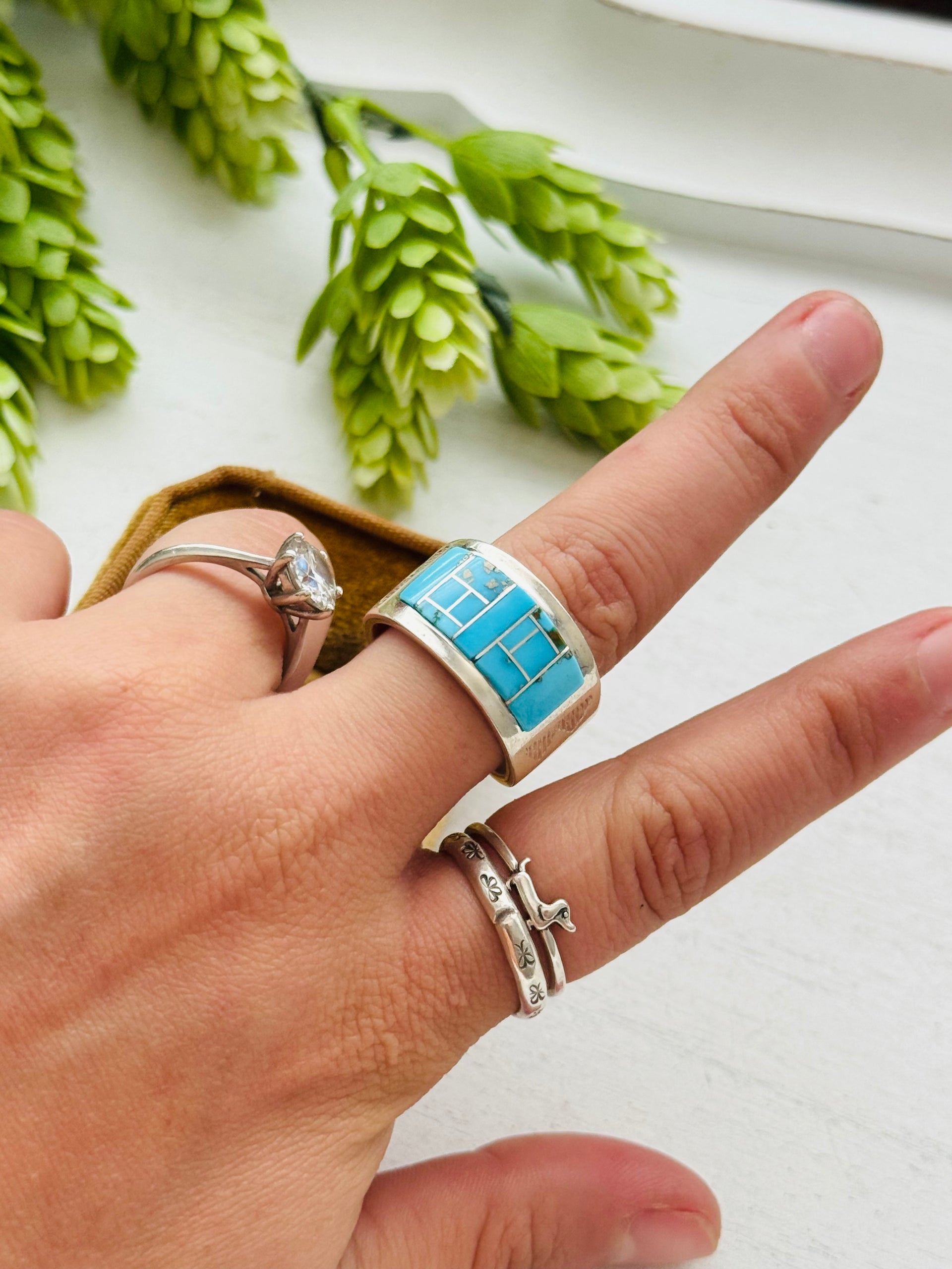 Mike Perry Turquoise & Sterling Silver Inlay Ring Size 9.75