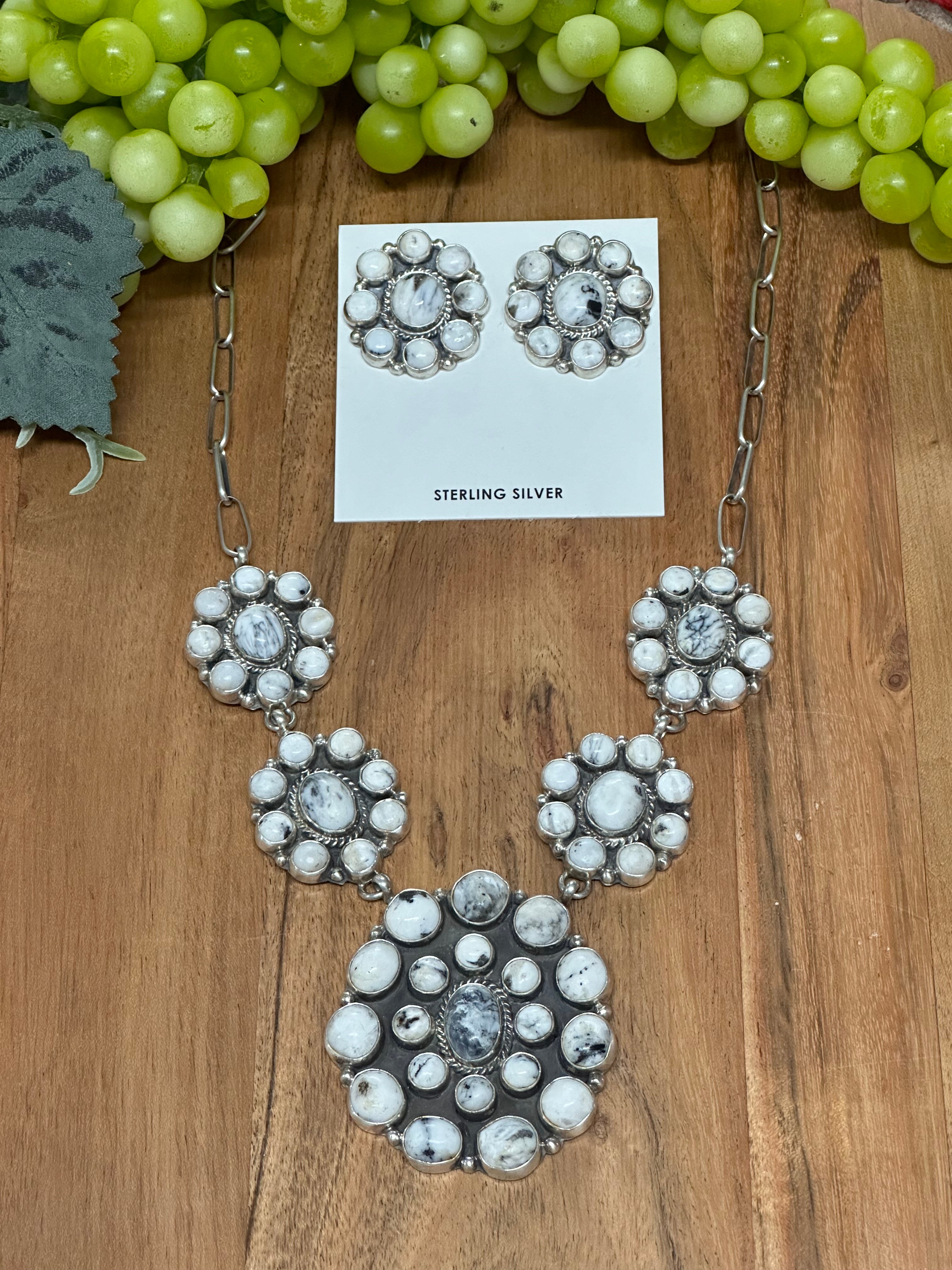 Navajo Made White Buffalo & Sterling Silver Necklace Set
