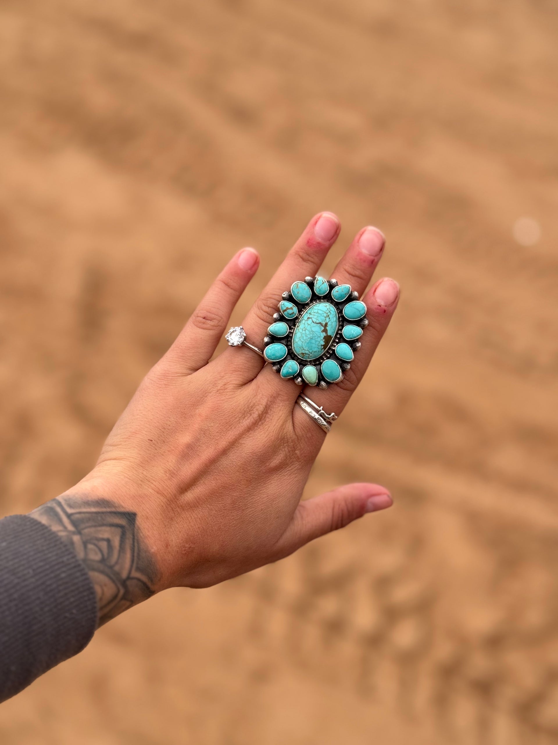 Navajo Made Mine 8 Turquoise & Sterling Silver Adjustable Cluster Ring