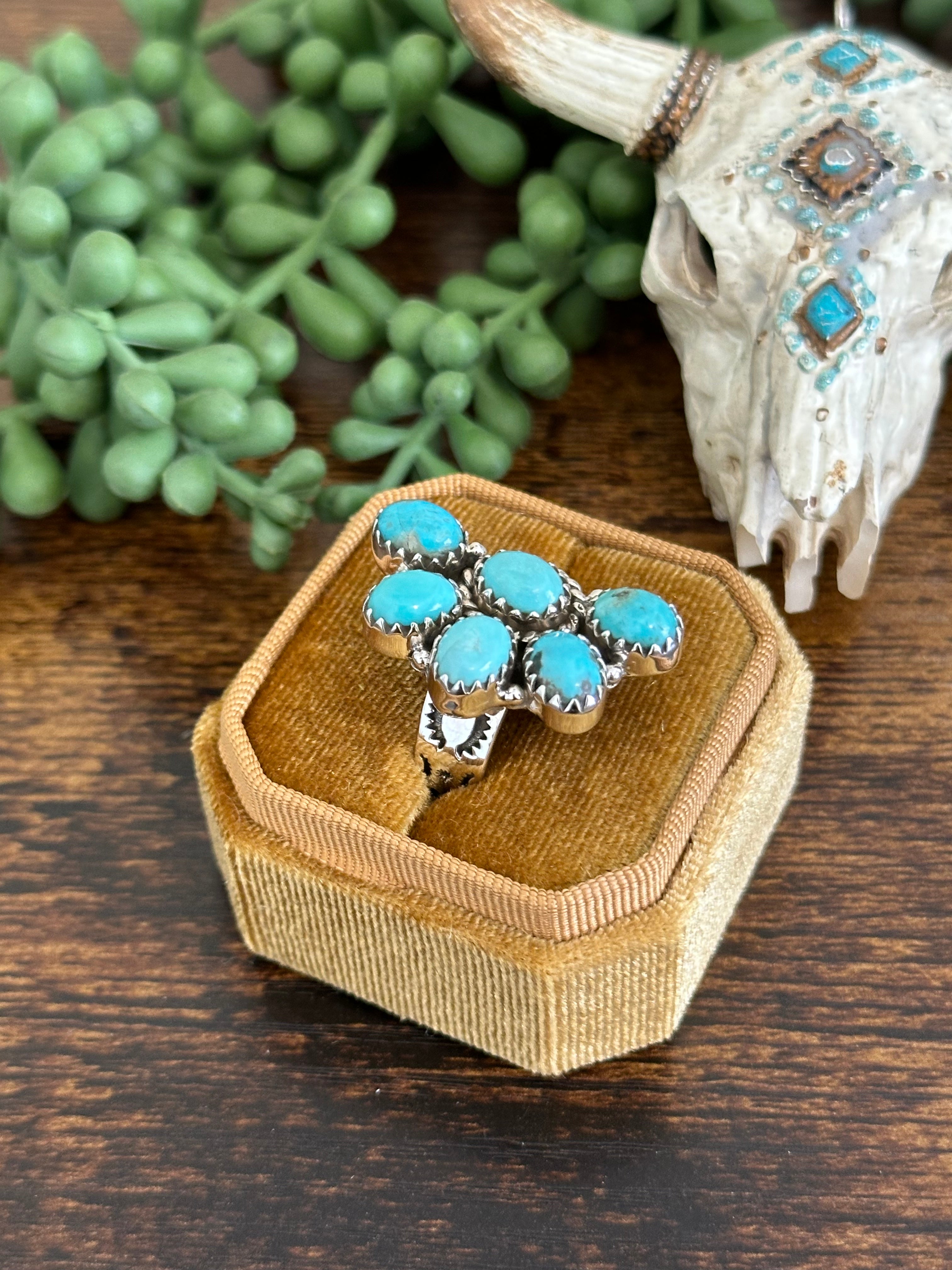 Southwest Handmade Kingman Turquoise & Sterling Silver Adjustable Cluster Ring