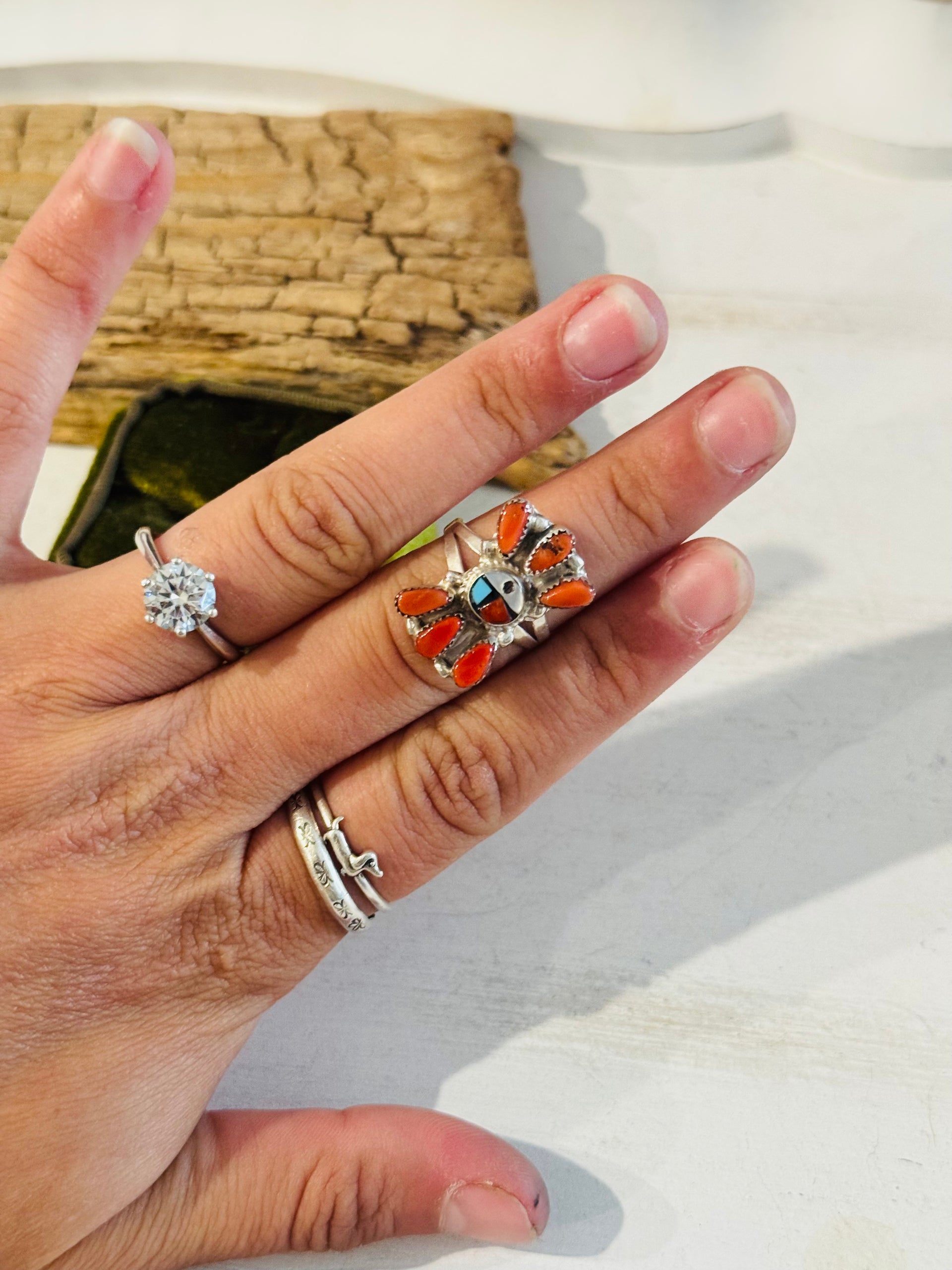 Zuni Made Multi Stone & Sterling Silver Sunface Cluster Ring Size 6.5