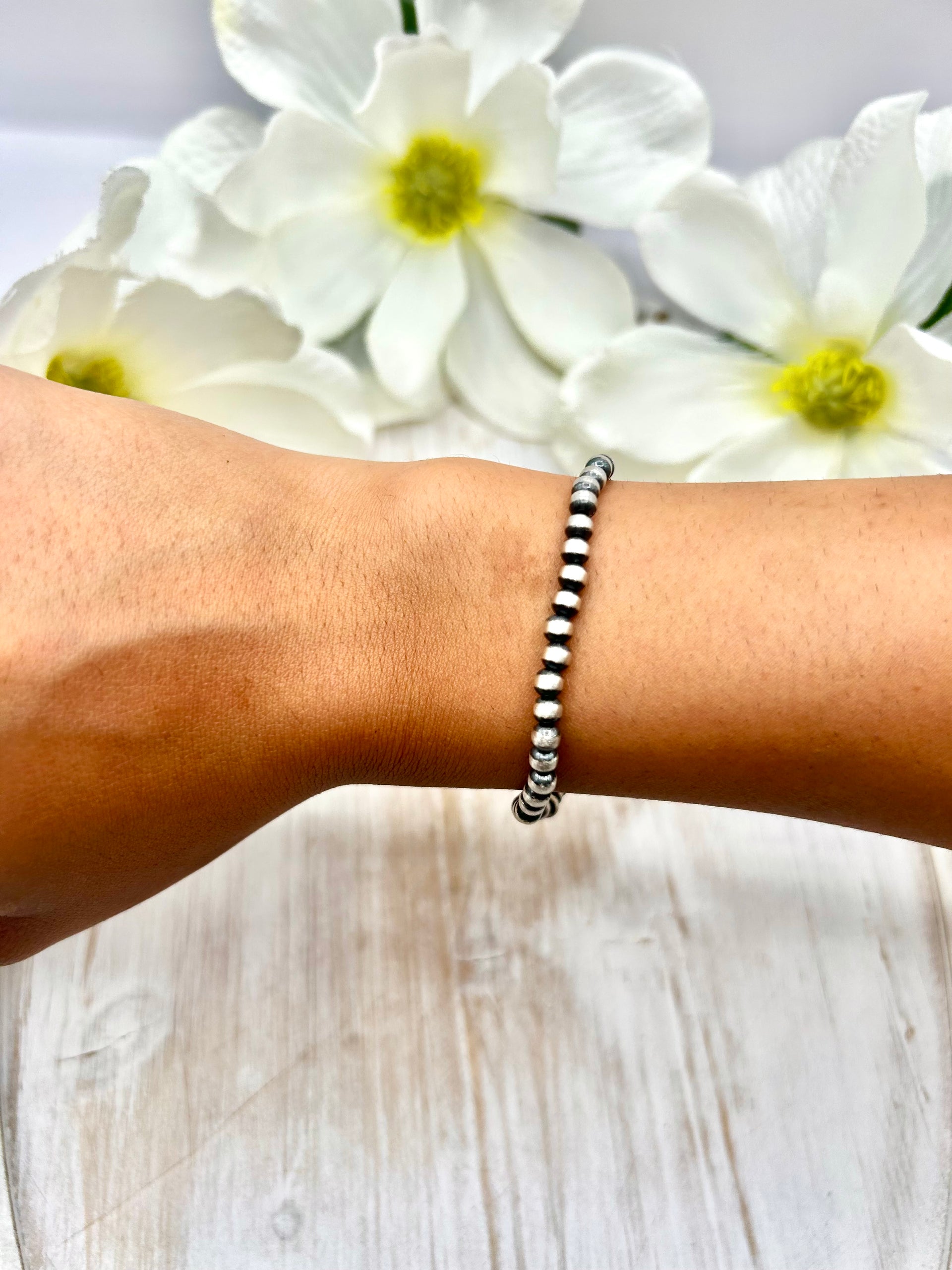 Navajo Made Sterling Silver Strung Stretchy Bracelet