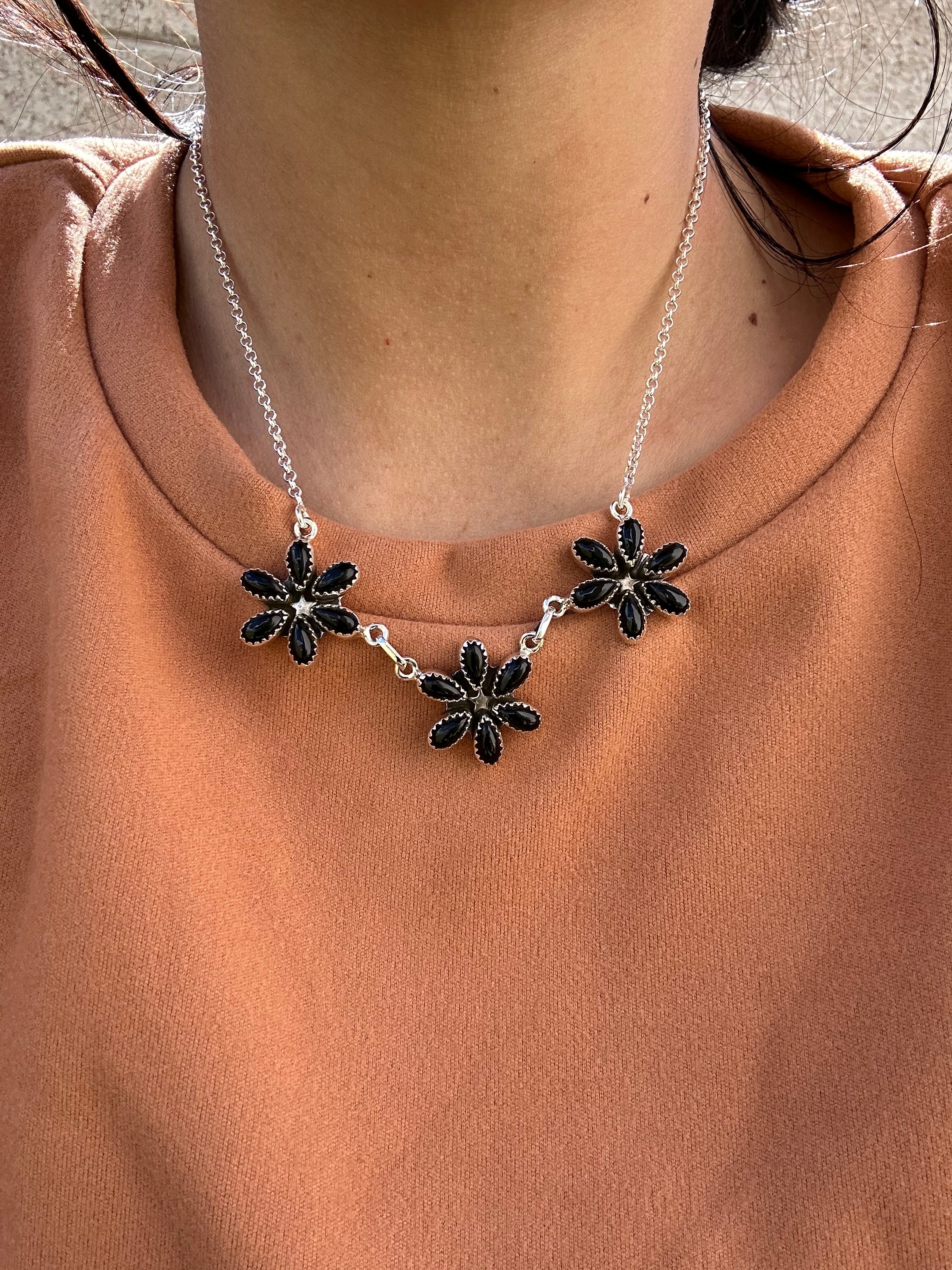 Southwest Handmade Onyx & Sterling Silver Cluster Necklace
