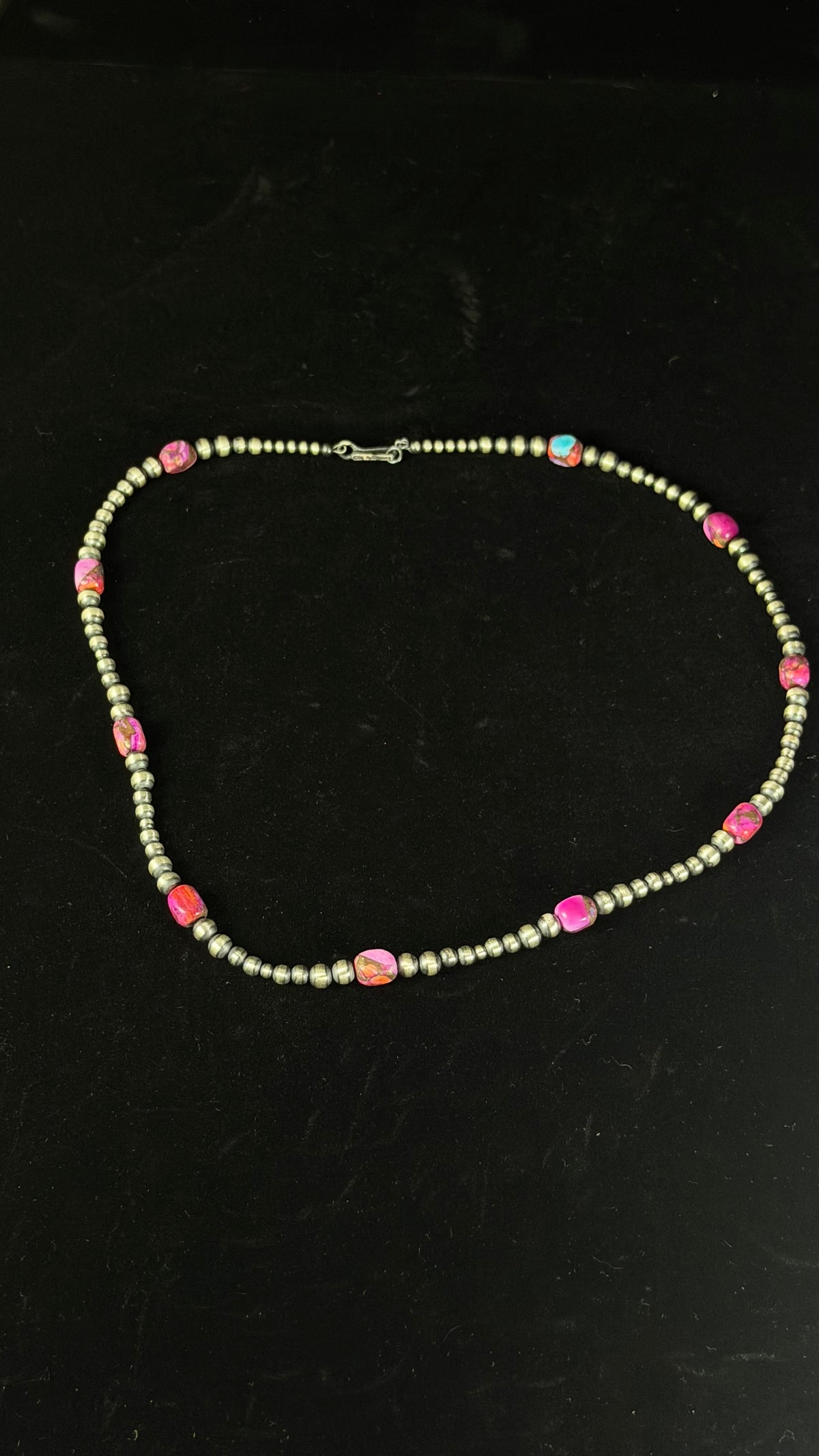 Navajo Strung Pink Mohave Turquoise Composite & Sterling Silver 20” Necklace