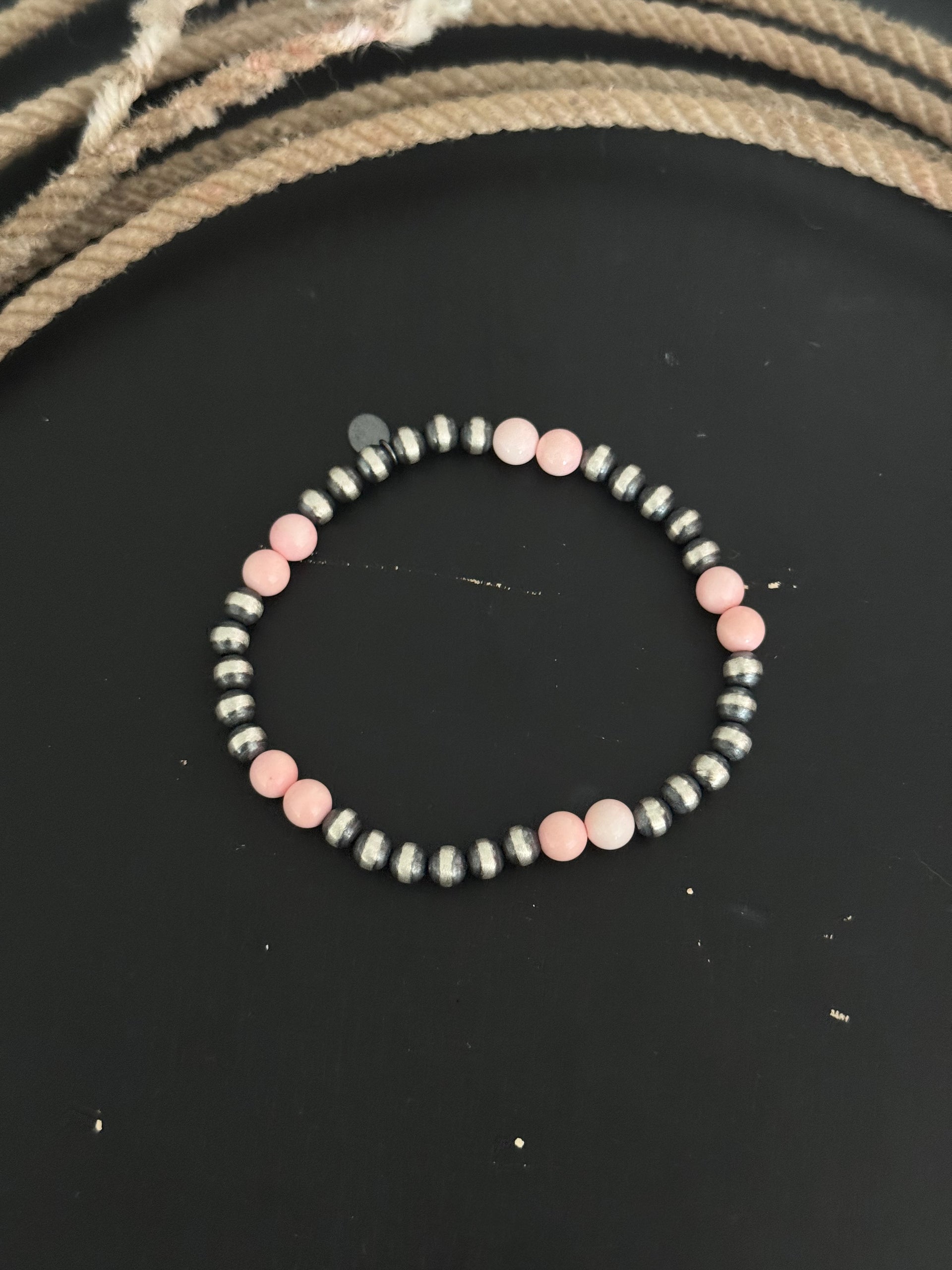 Navajo Strung Pink Conch & Sterling Silver Pearl Beaded Stretch Bracelet
