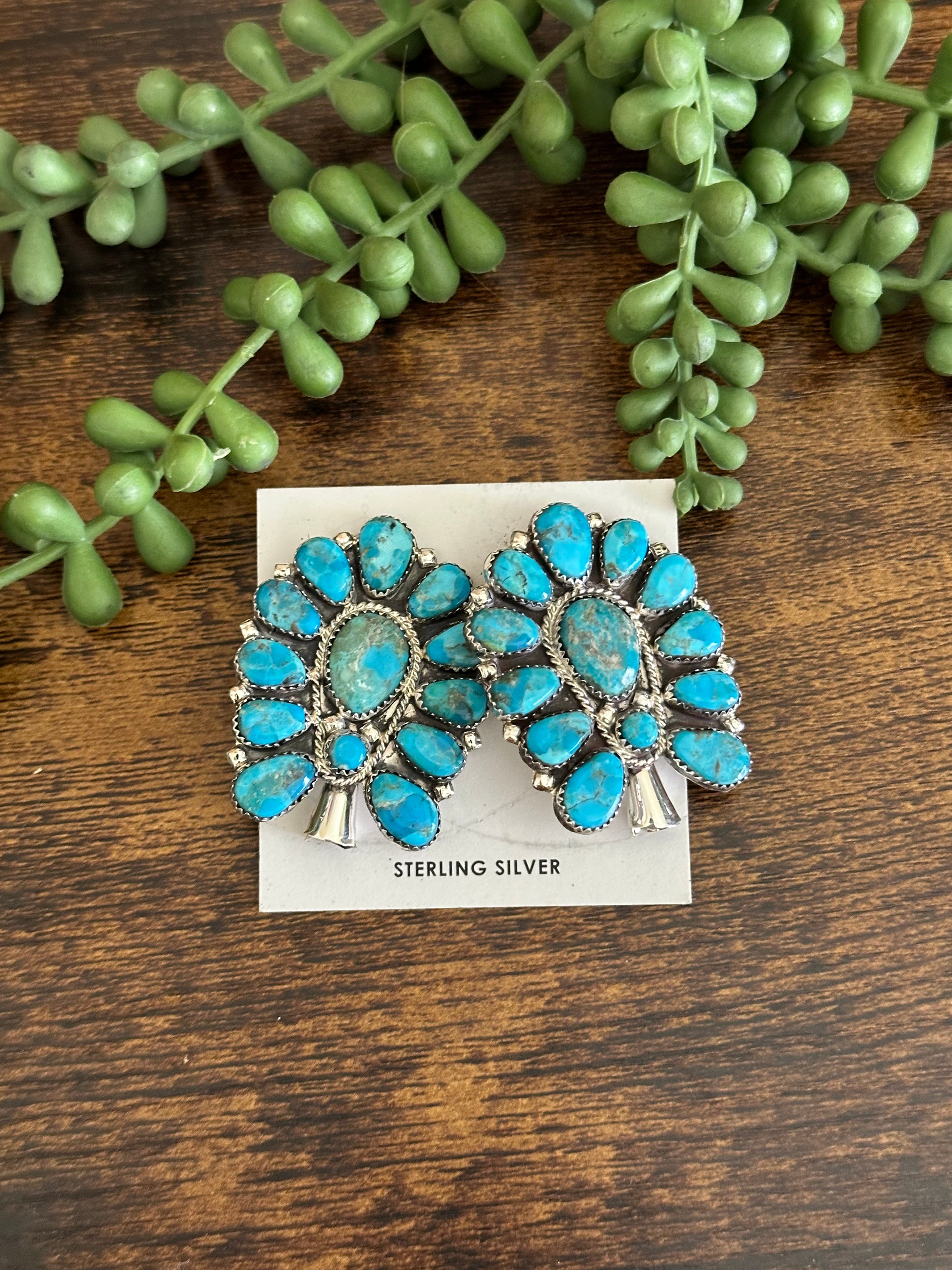 Navajo Handmade Turquoise & Sterling Silver Post Dangle Earrings