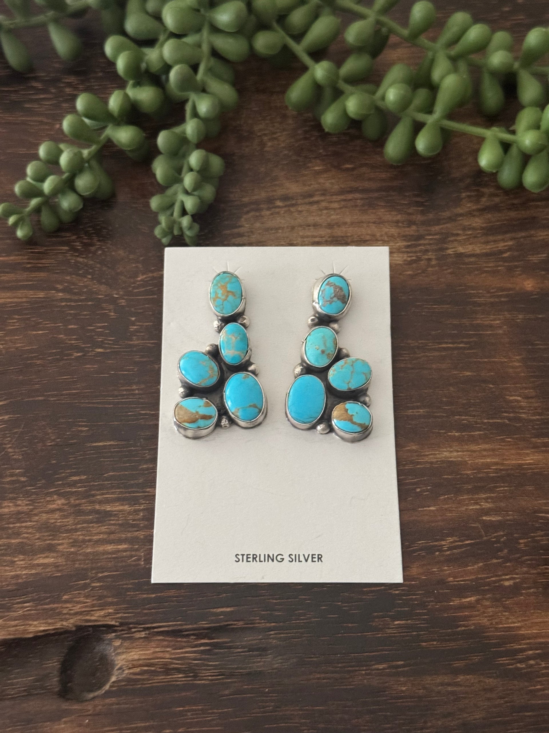 Navajo Made Kingman Turquoise & Sterling Silver Post Dangle Cluster Earrings