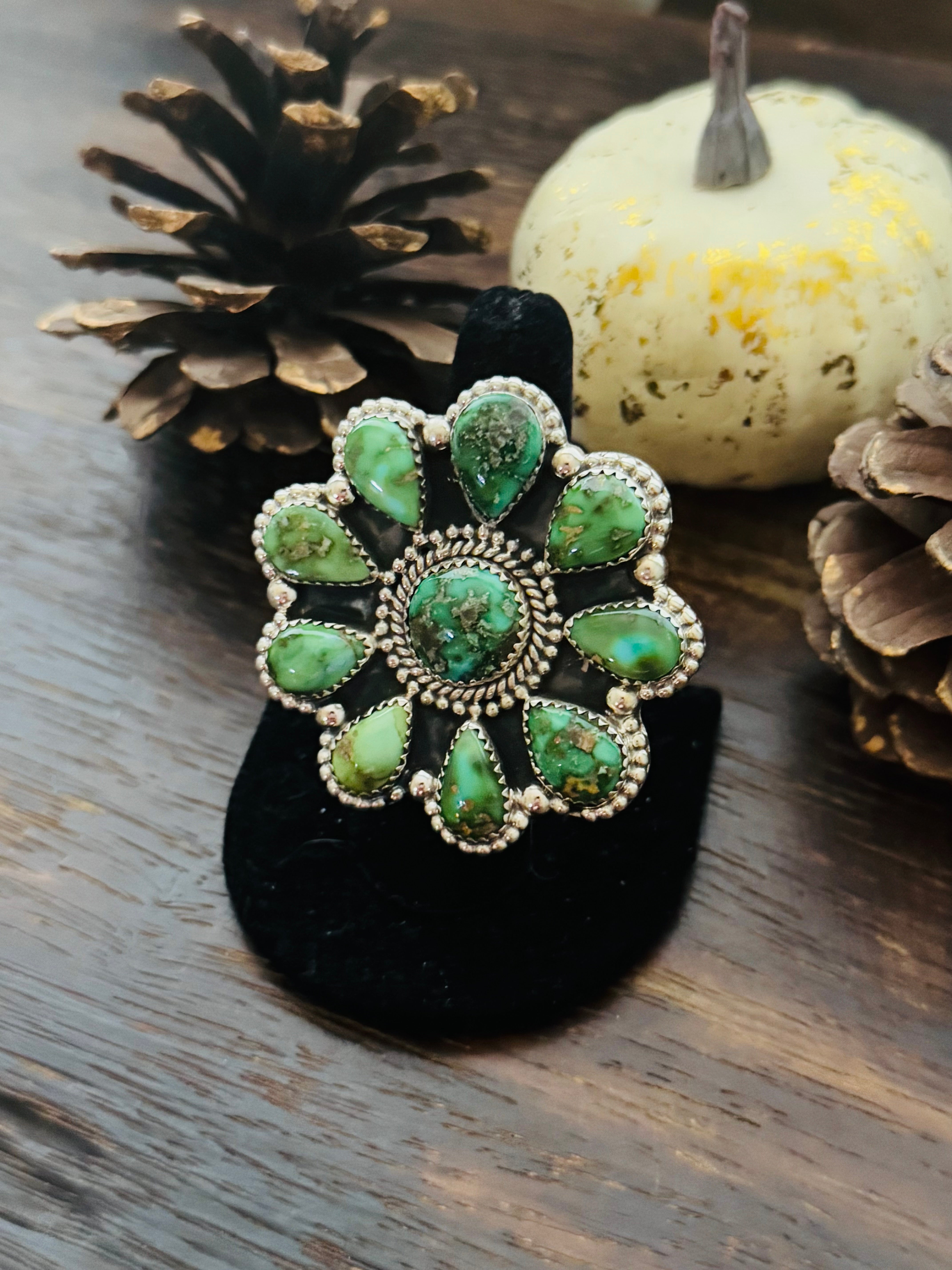 Southwest Handmade Sonoran Mountain Turquoise & Sterling Silver Adjustable Cluster Ring