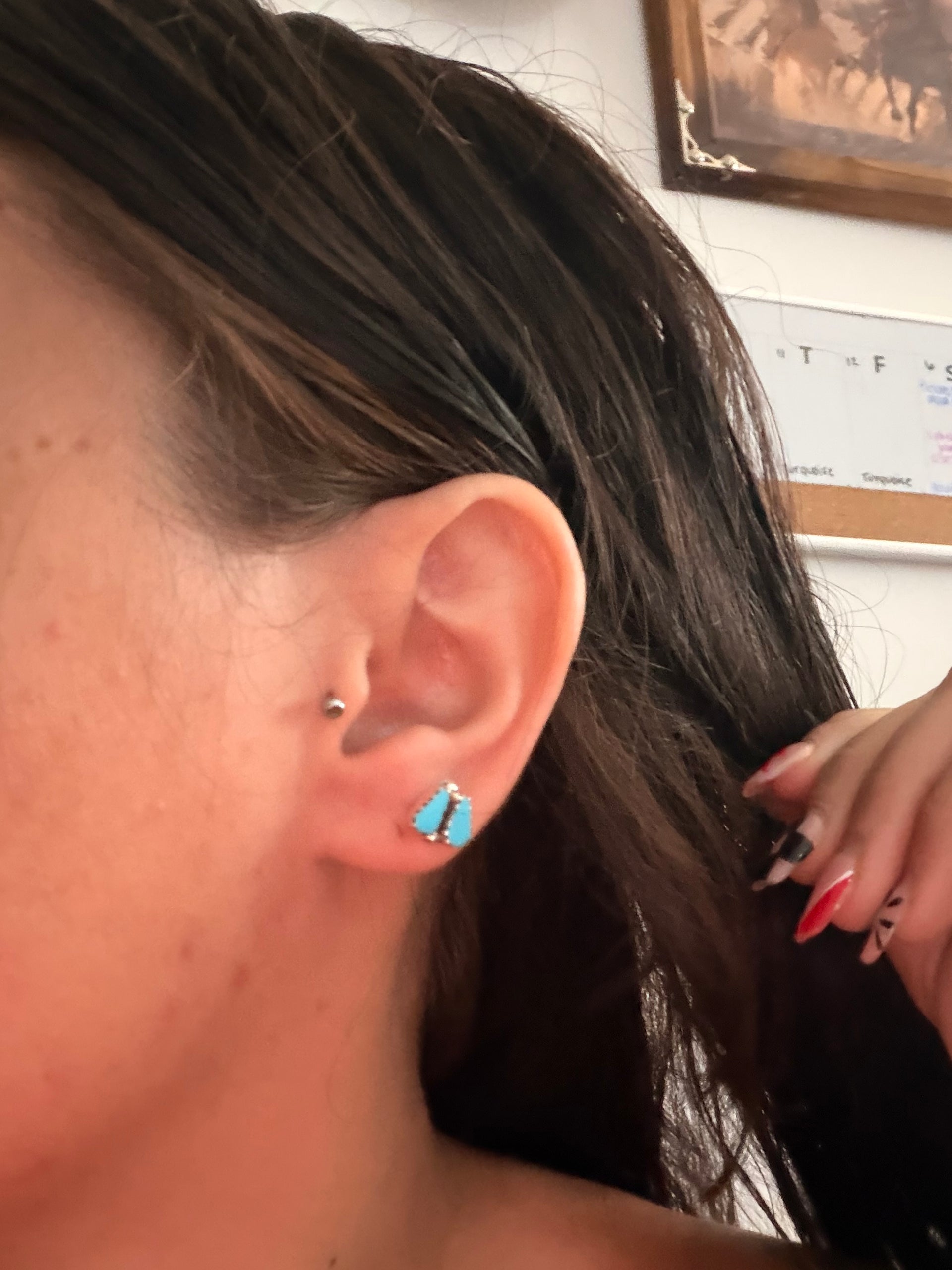 Navajo Made Kingman Turquoise & Sterling Silver Post Cluster Earrings