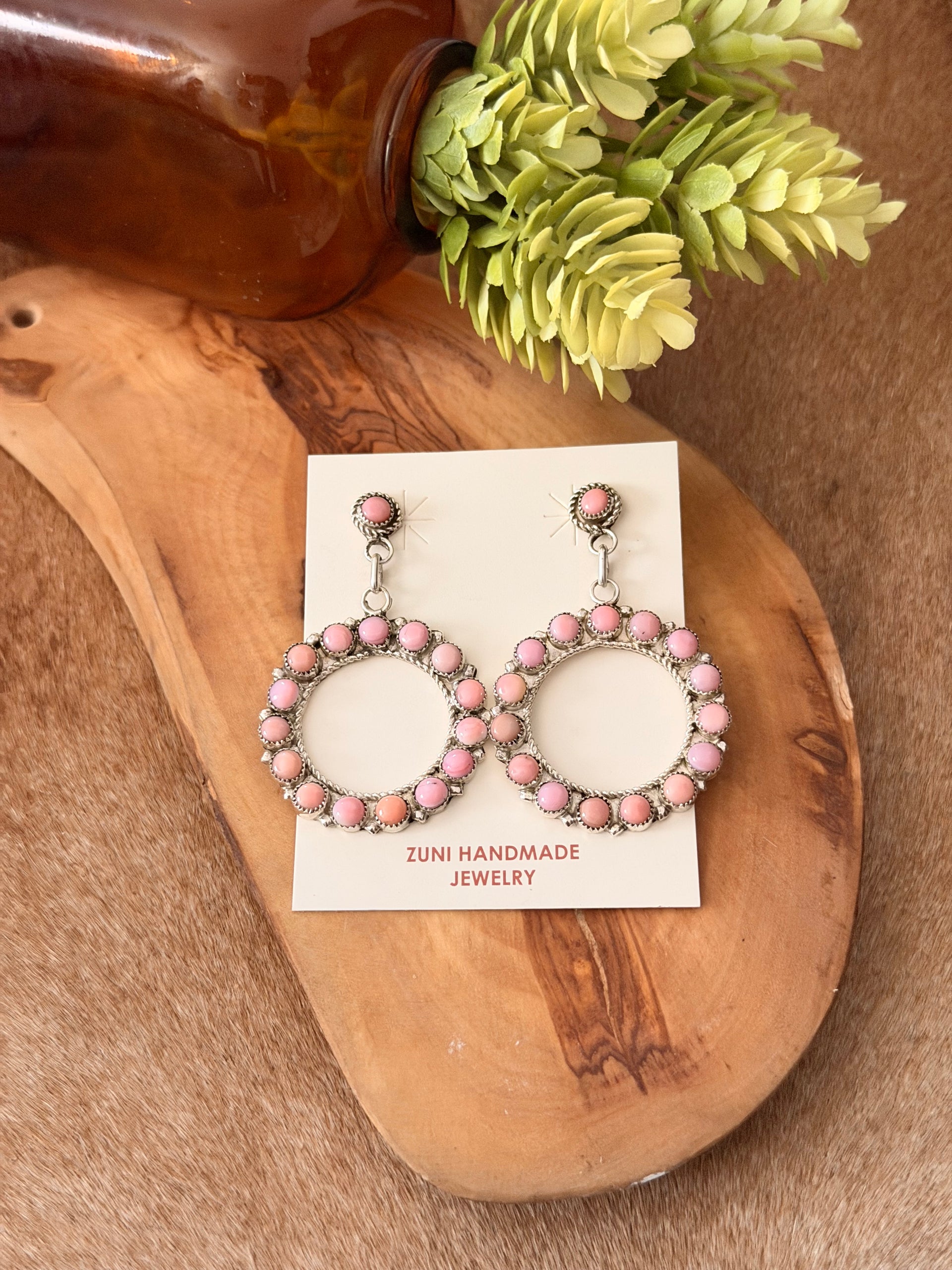 Zuni Made Pink Conch & Sterling Silver Post Dangle Cluster Earrings