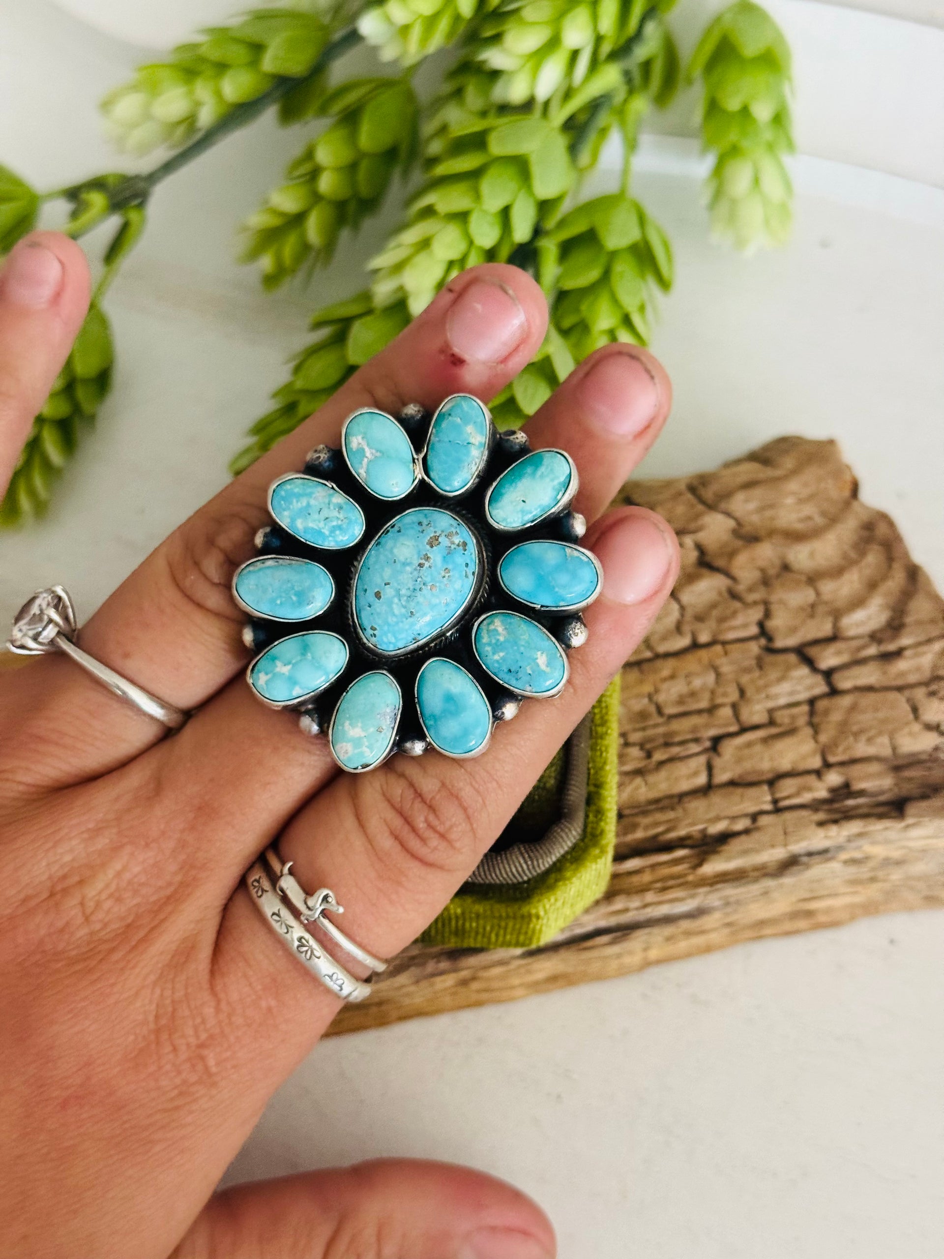 Navajo Made White Water Turquoise & Sterling Silver Cluster Ring Size 8.5