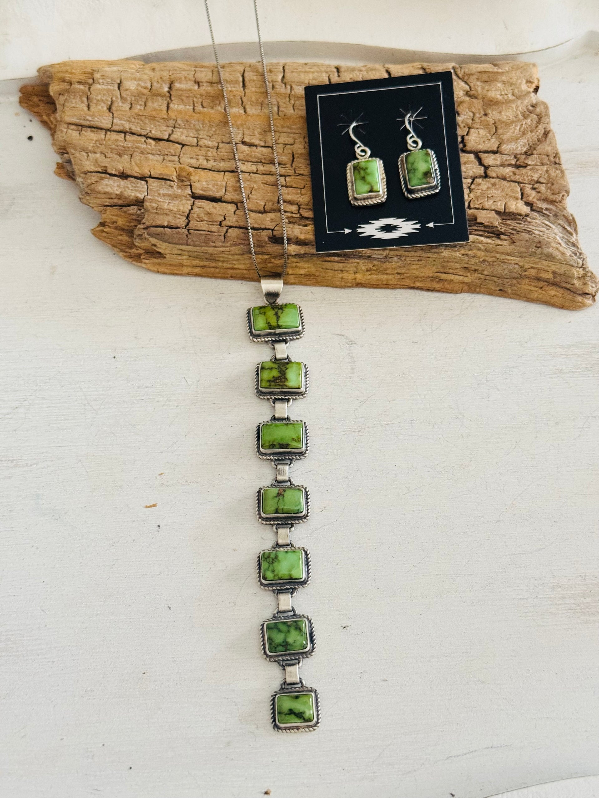 Navajo Made Sonoran Gold Turquoise & Sterling Silver Lariat Necklace Set