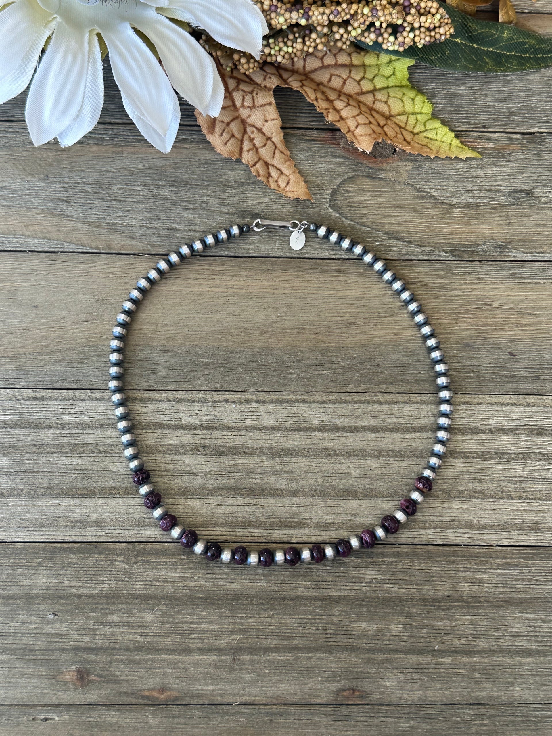Navajo Strung Purple Spiny Oyster & Sterling Silver Pearls Beaded Necklace